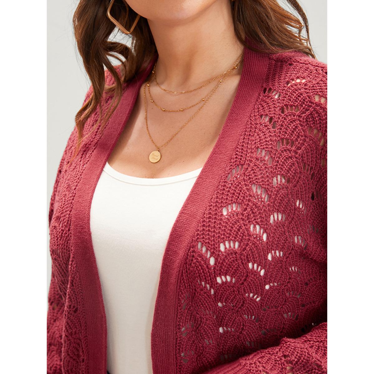 Plus Size Plain Pointelle Knit Cut Out Pocket Open Front Mid Long Cardigan Burgundy Women Casual Loose Long Sleeve Dailywear Cardigans BloomChic 22-24/3X Product Image