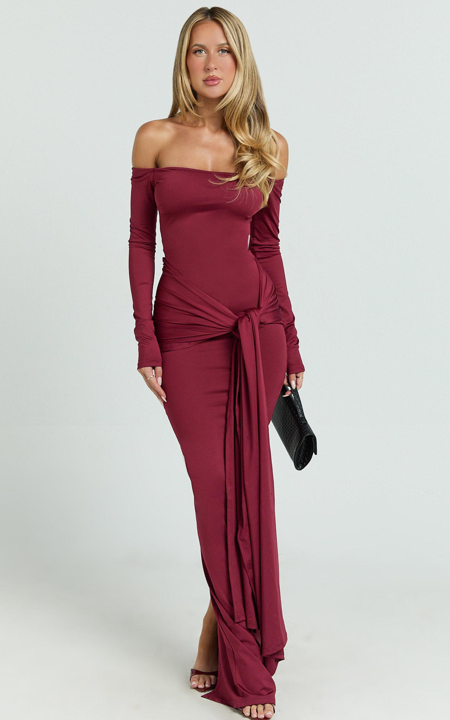 Judith Maxi Dress - Boat Neck Backless Tie Front Long Sleeve Jersey Dress in Wine Product Image