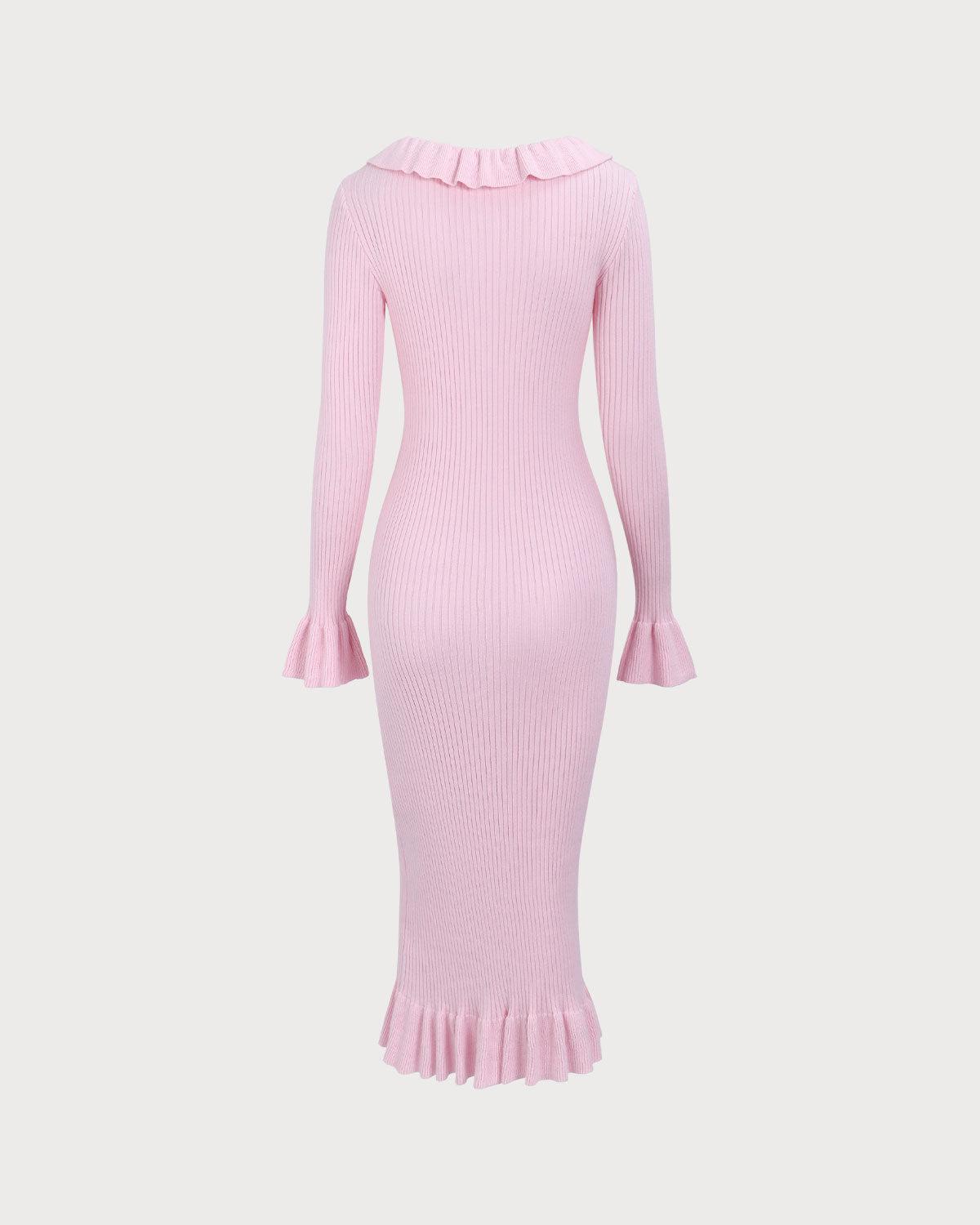 Women's Pink U-Neck Ruffle Bodycon Sweater Dress Female Product Image