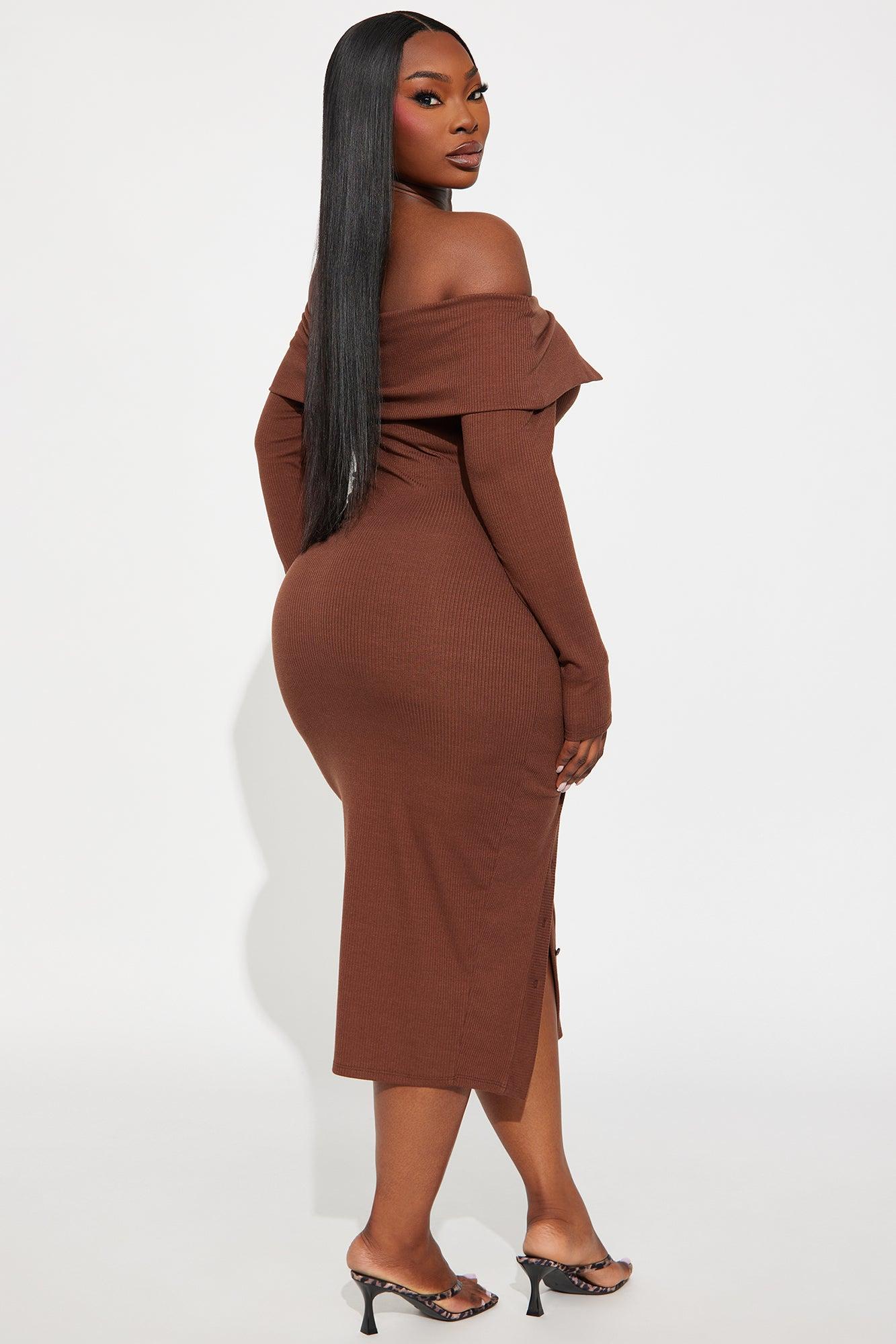 Leilani Off Shoulder Sweater Midi Dress - Chocolate Female Product Image