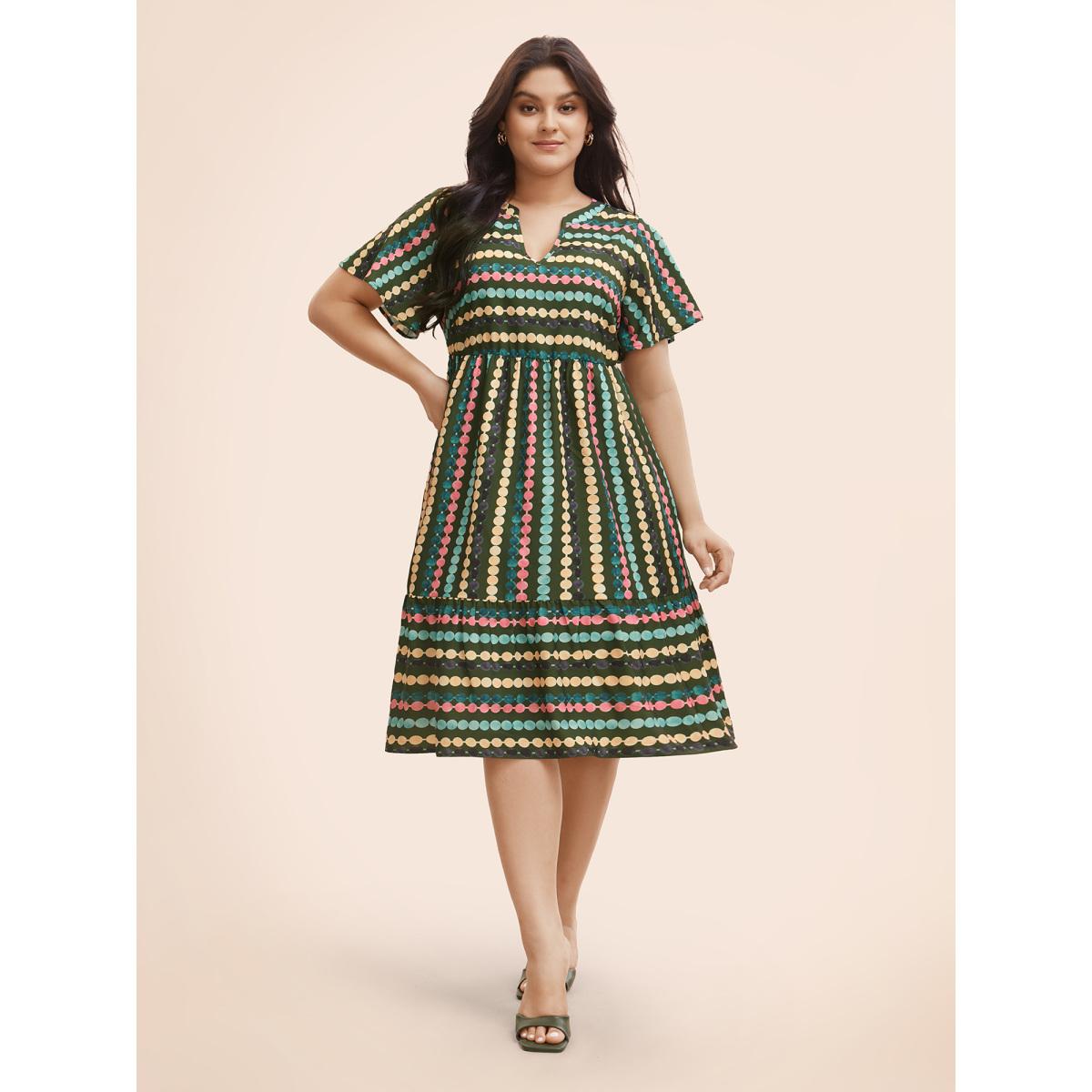 Plus Size Dot Print Elastic Waist Split Neck Midi Dress Moss Women Playful Ruffles Flat collar with V-notch Short sleeve Curvy BloomChic 26/4X Product Image