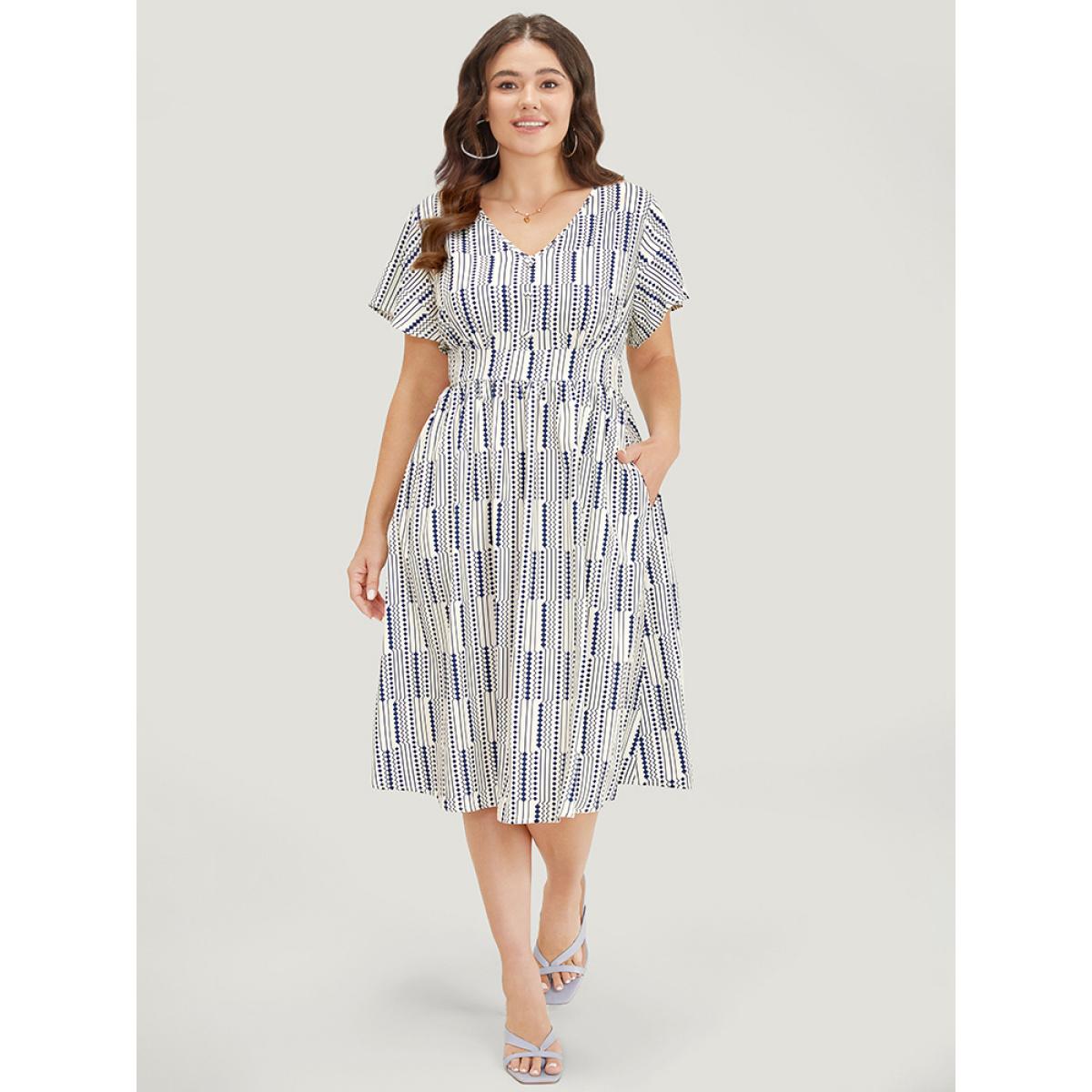 Plus Size Geometric Print Button Detail Pocket Ruffle Sleeve Dress Blue Women Elegant Elastic Waist V-neck Short sleeve Curvy Midi Dress BloomChic 10/M Product Image