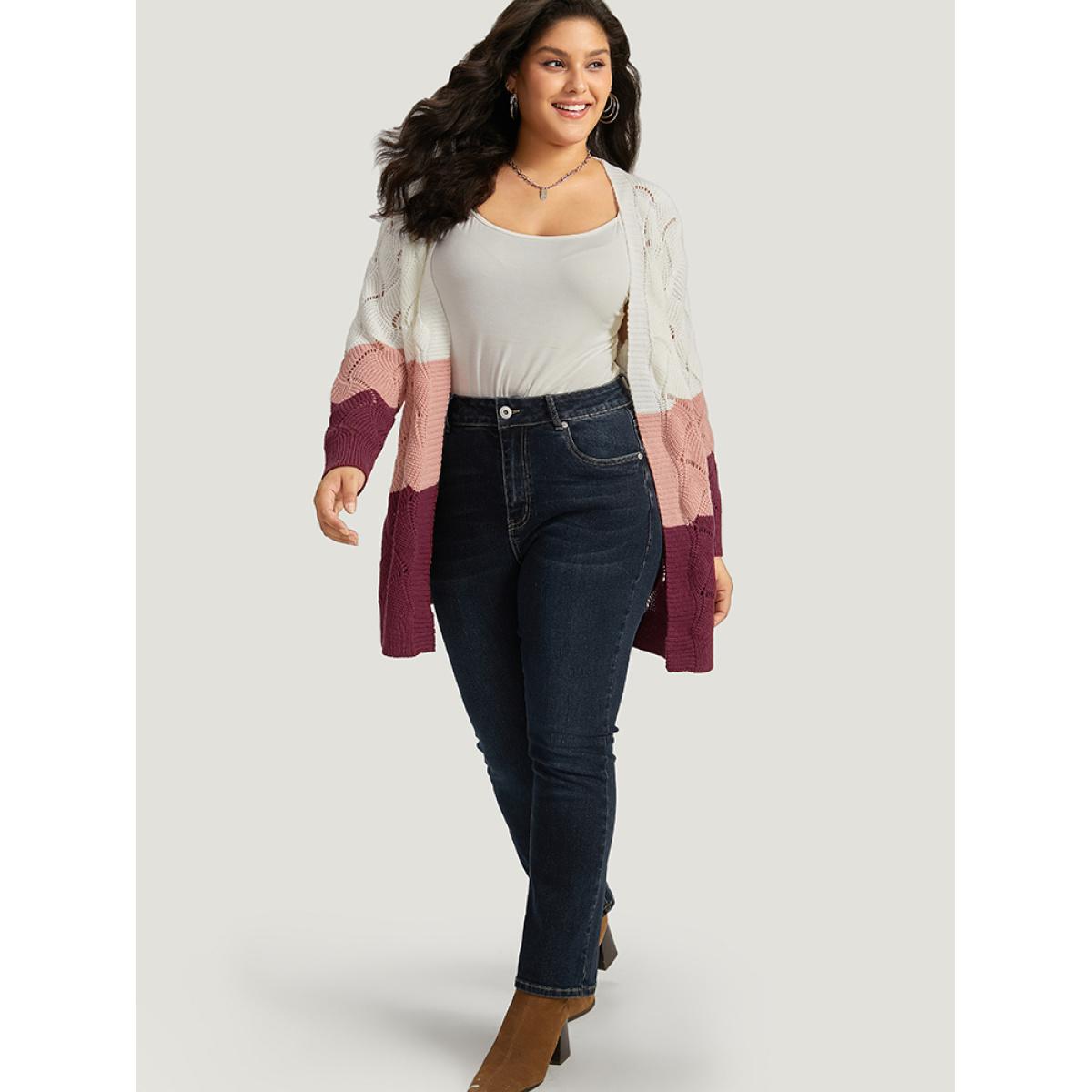 Plus Size Colorblock Contrast Open Front Eyelet Cardigan Multicolor Women Casual Loose Long Sleeve Dailywear Cardigans BloomChic 12/L Product Image