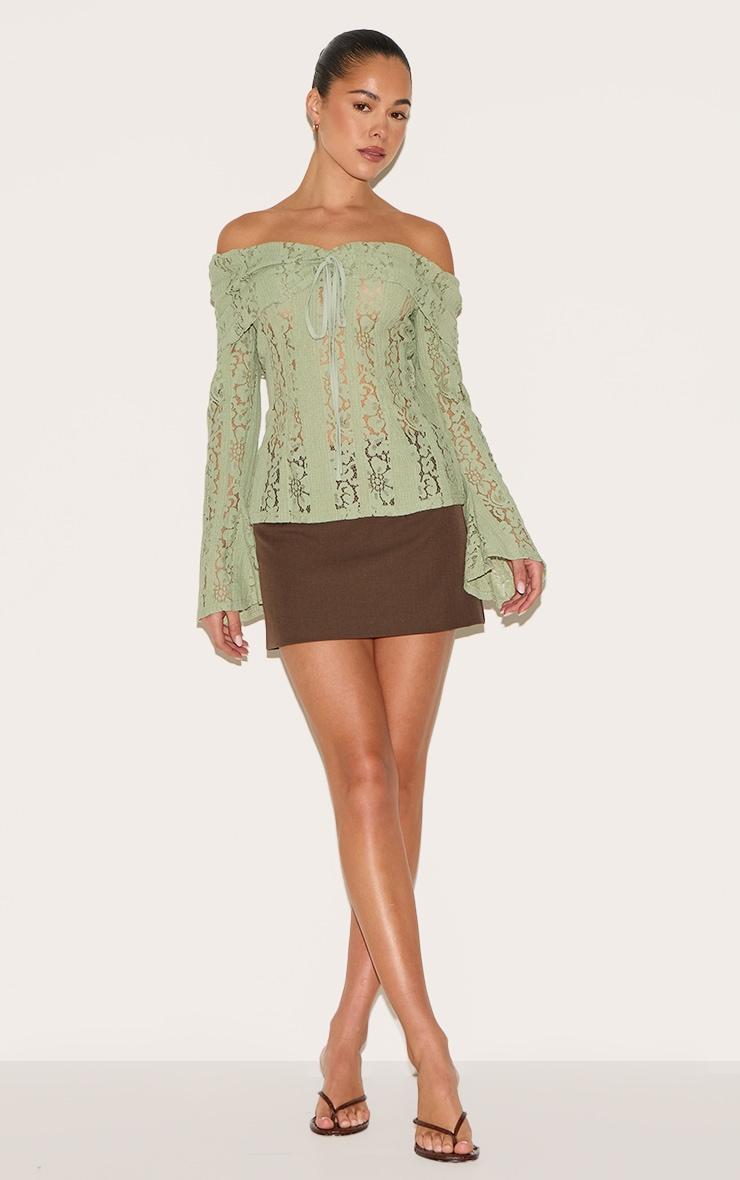Sage Fitted Lace Flared Sleeve Bardot Top Product Image