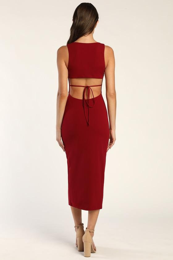 Sultry Elegance Wine Red Cutout Bodycon Midi Dress Product Image