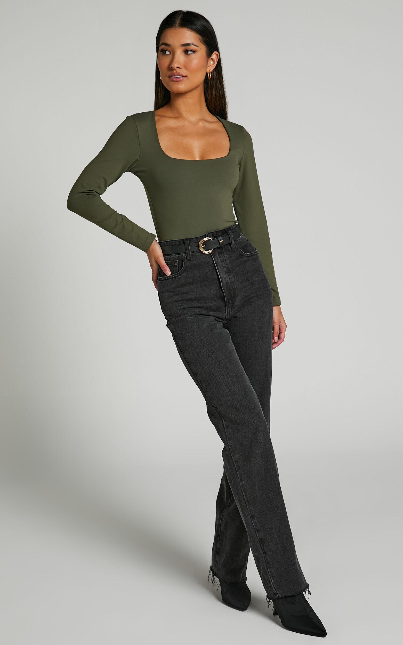 Elia Bodysuit - Square Neck Long Sleeve Bodysuit in Olive Product Image