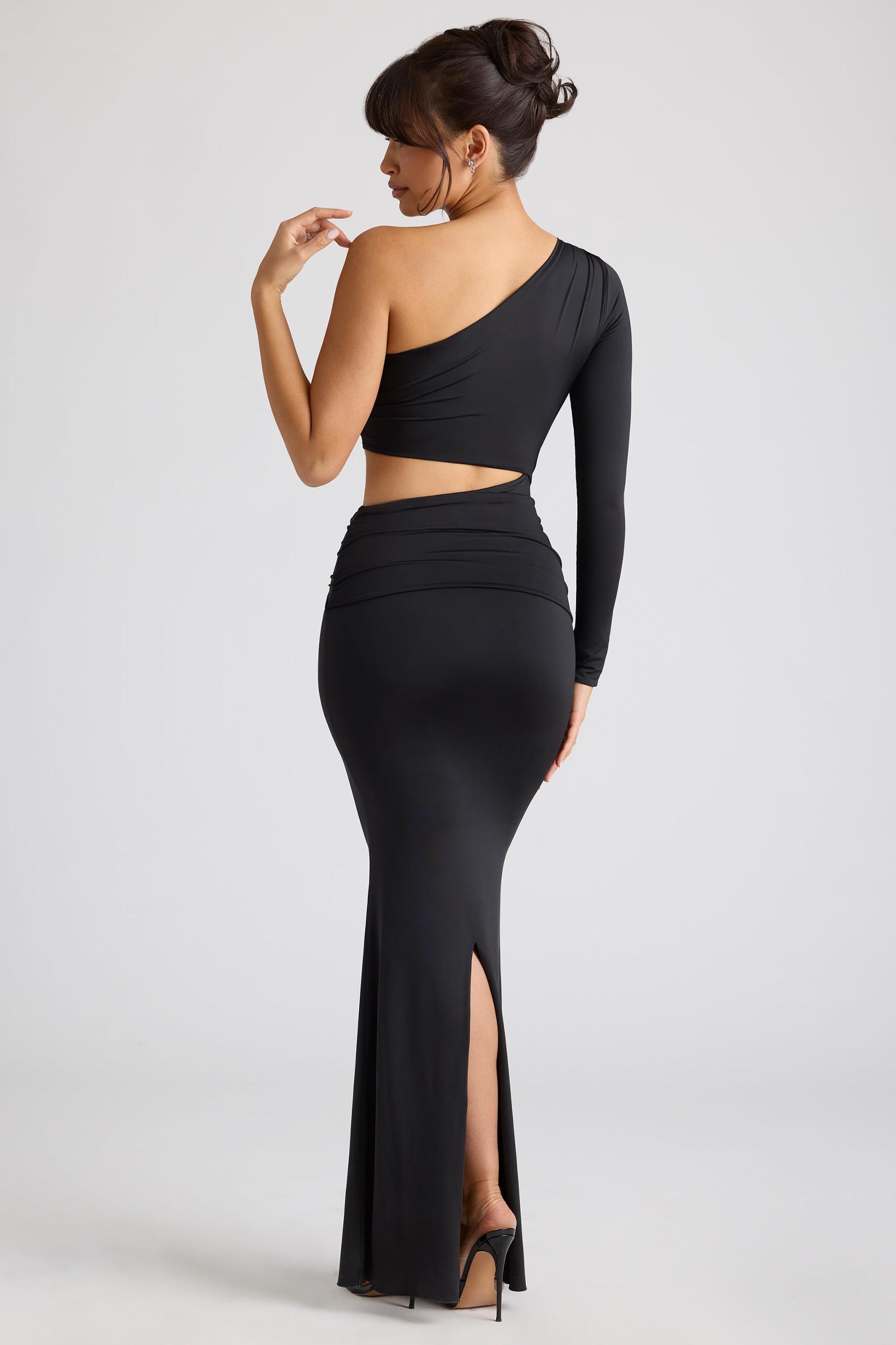Single Sleeve Cut Out Evening Gown in Black Product Image