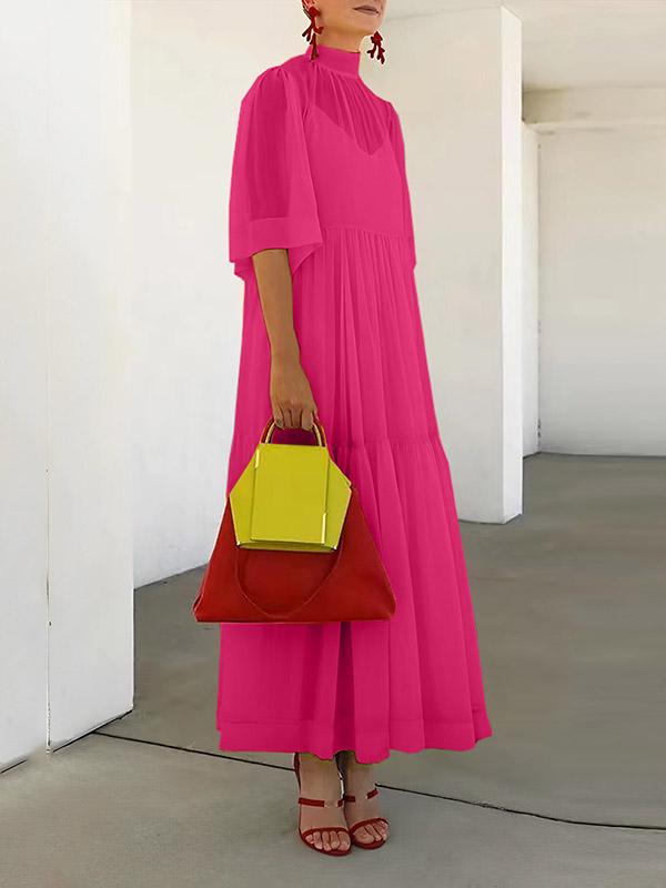 Loose Plus Size Solid Color Split-Joint Inner Dress + Mesh Pleated Mock Neck Outer Dress Two Pieces Set Product Image