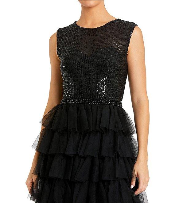 Mac Duggal Sleeveless Tiered Ruffled Sequin Crew Neck Gown Product Image