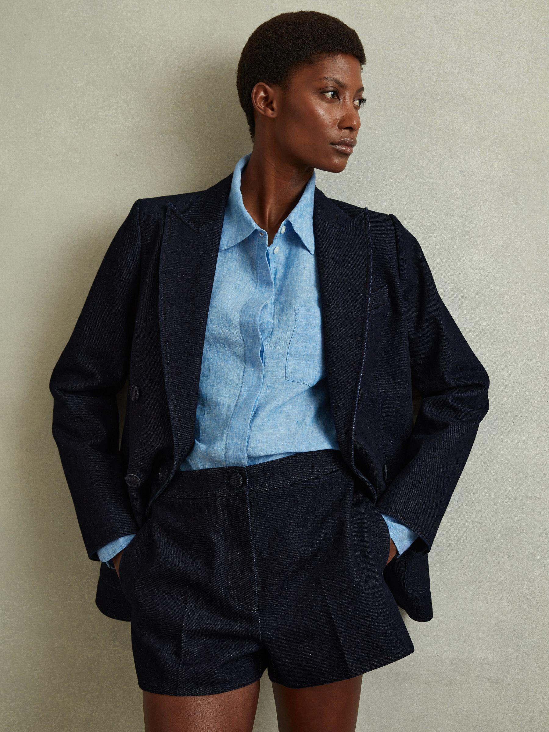 High-Rise Denim Suit Shorts in Dark Blue Product Image