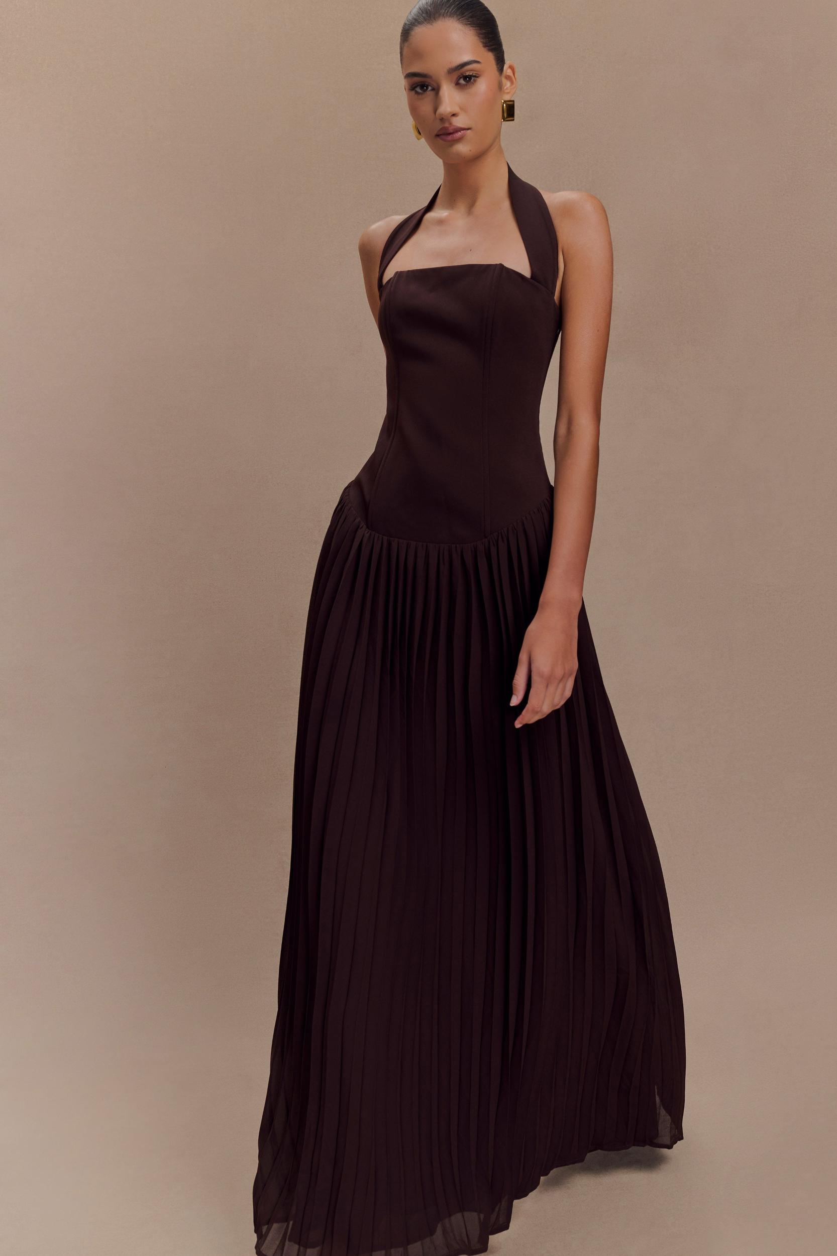 Stacie Pleated Halter Maxi Dress - Cacao Product Image