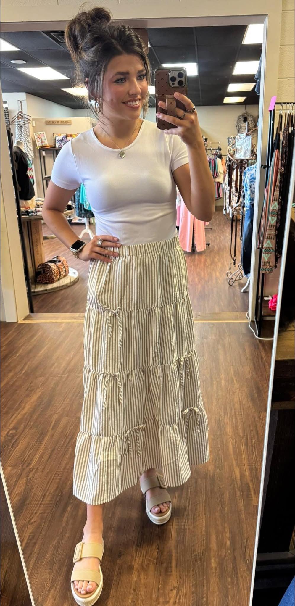 Bow Tie Tiered Taupe Stripe Maxi Skirt* Product Image