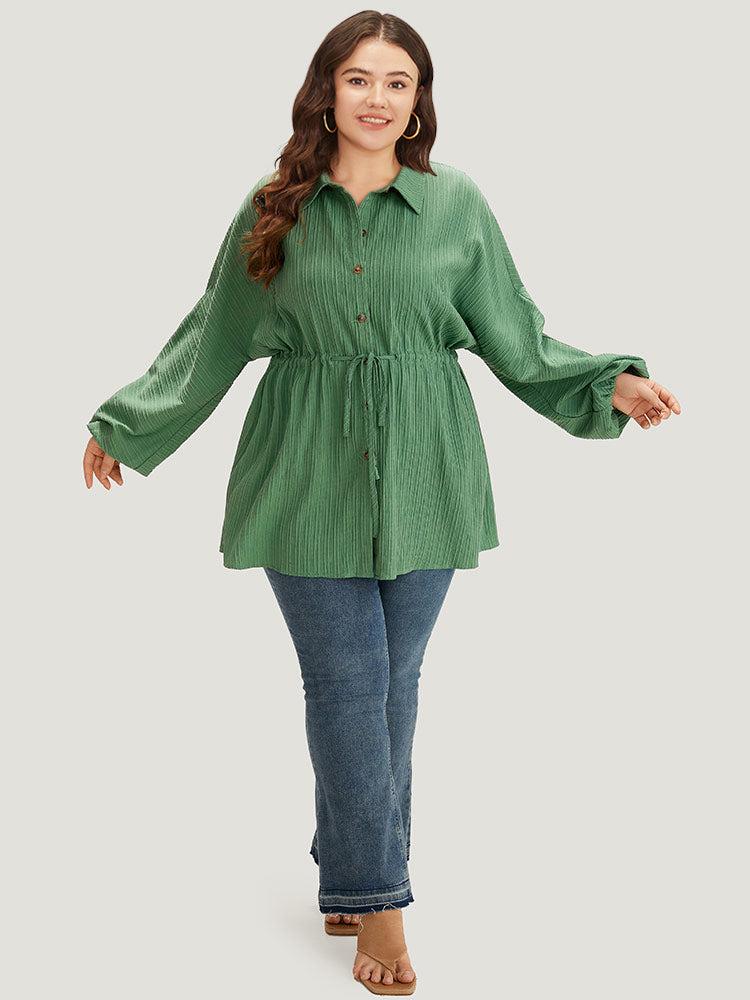 Plain Shirt Collar Drawstring Button Through Lantern Sleeve Coat Female Product Image