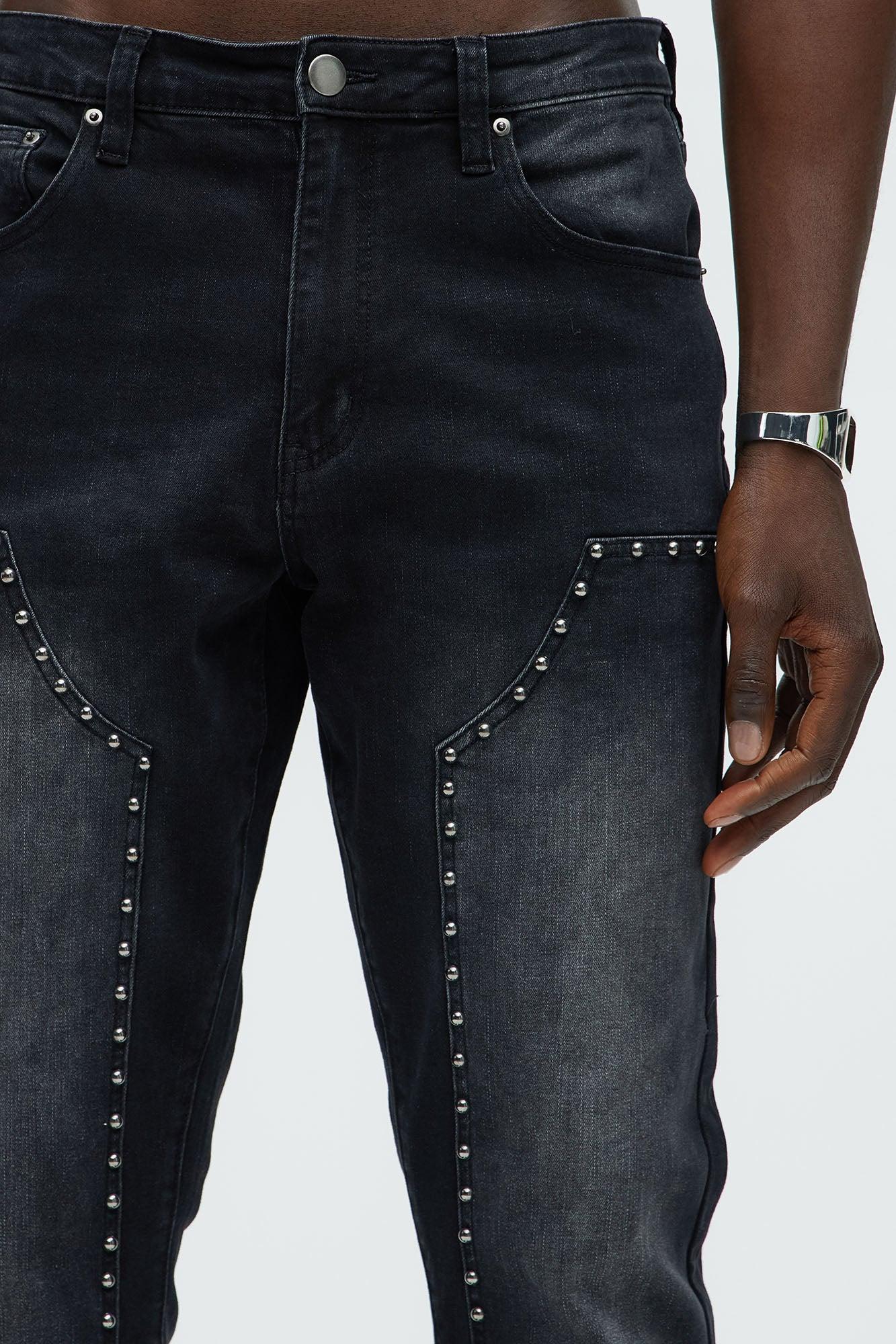 Rivetting Studded Stacked Slim Flare Jeans - Black Product Image
