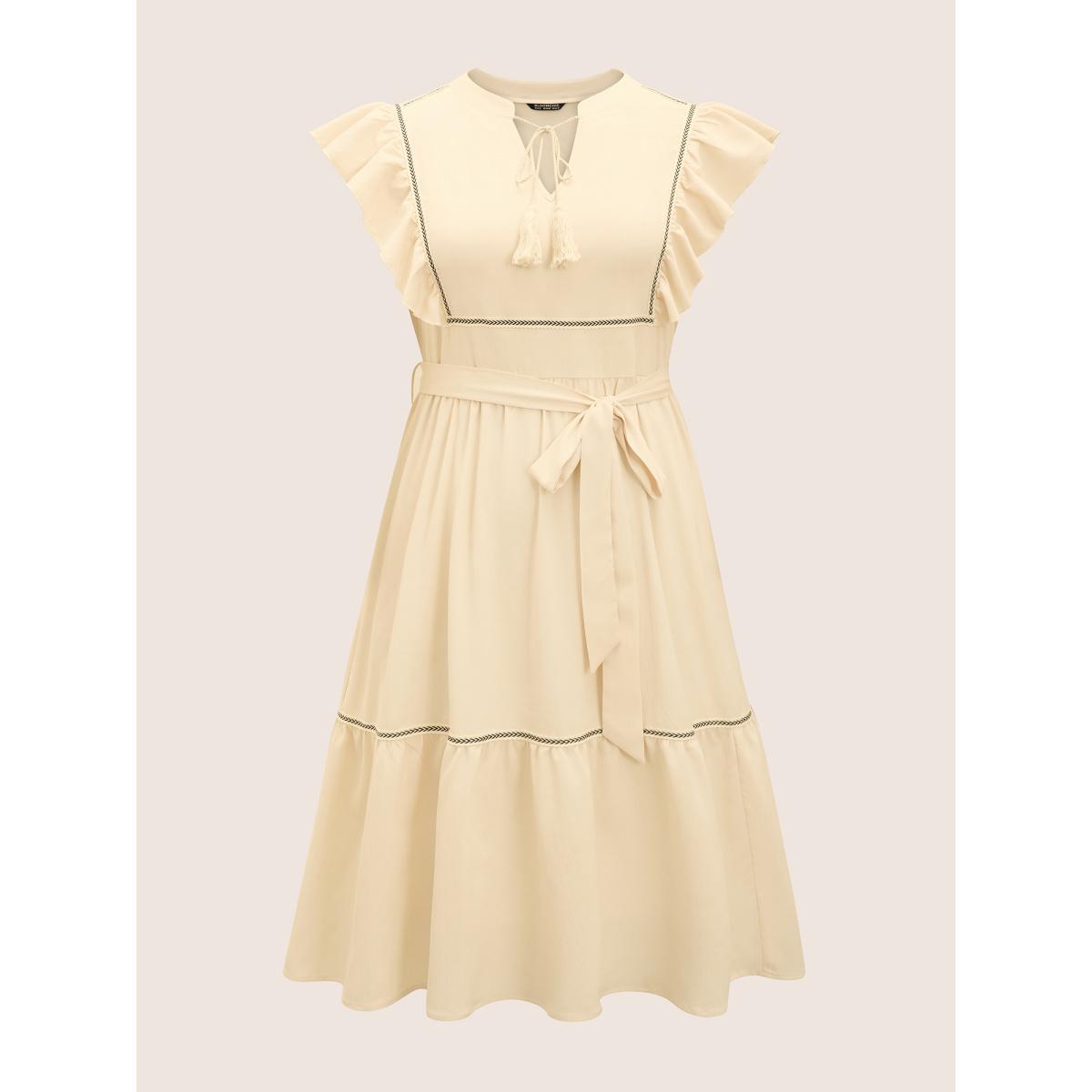 Plus Size Notch Ruffle Cap Sleeve Woven Ribbon Tassels Dress Apricot Women Resort Woven ribbon&lace trim Flat collar with V-notch Cap Sleeve Curvy Midi Dress BloomChic 22-24/3X Product Image