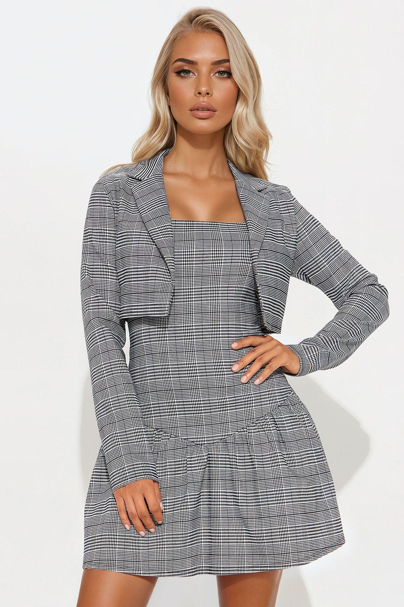 Corporate Millennial Plaid Mini Dress Set - White/Black Product Image