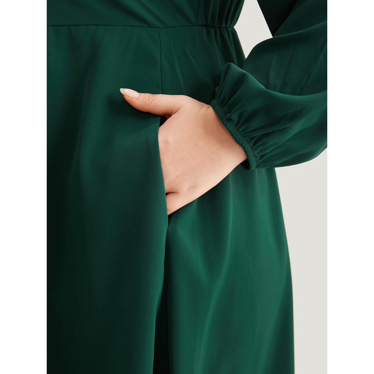 Plus Size Anti-Wrinkle Frill Trim Elastic Cuffs Dress DarkGreen Women Office Elastic cuffs Mock Neck Long Sleeve Curvy Midi Dress BloomChic 10/M Product Image