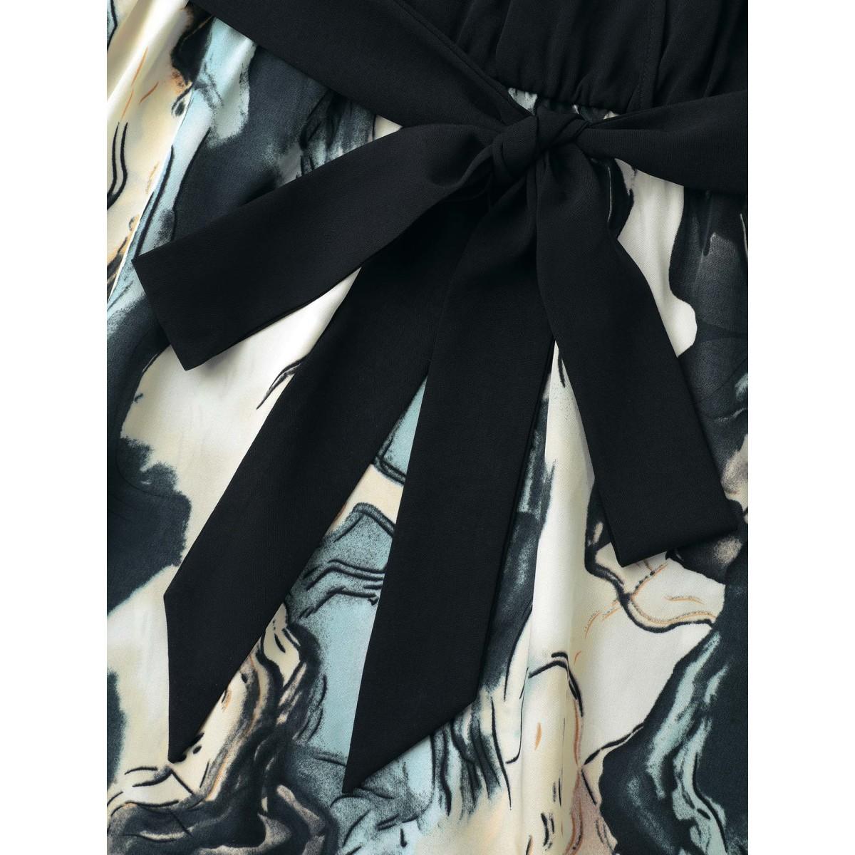 Plus Size Surplice Neck Marble Print Belted Dress Black Women At the Office Belted Overlap Collar Long Sleeve Curvy BloomChic 10/M Product Image