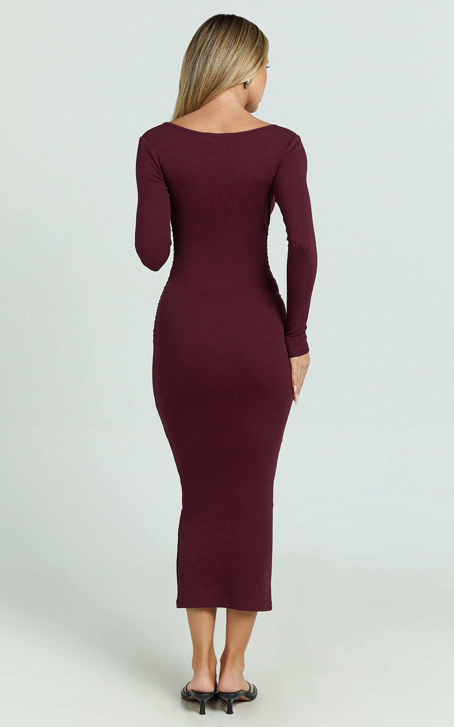 Lucy Midi Dress - Ribbed Side Ruched Bodycon Dress in Wine Product Image