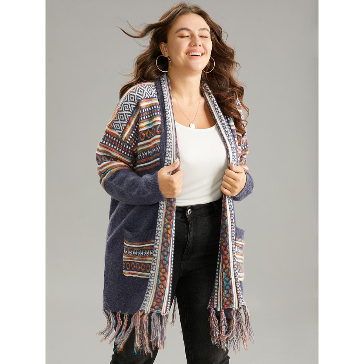 Plus Size Supersoft Essentials Bandana Tassel Trim Cardigan Indigo Women Casual Loose Long Sleeve Everyday Cardigans BloomChic 30/6X Product Image
