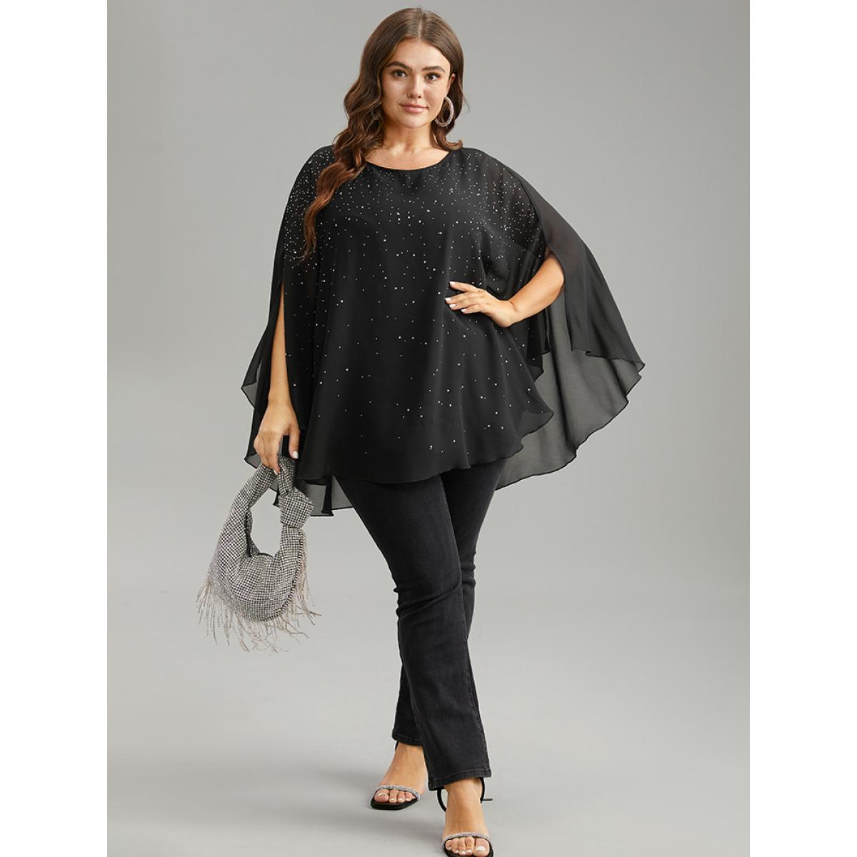 Plus Size Black Chiffon Rhinestone Split Dolman Sleeve Blouse Women Cocktail Elbow-length sleeve Round Neck Party Blouses BloomChic 18-20/2X Product Image