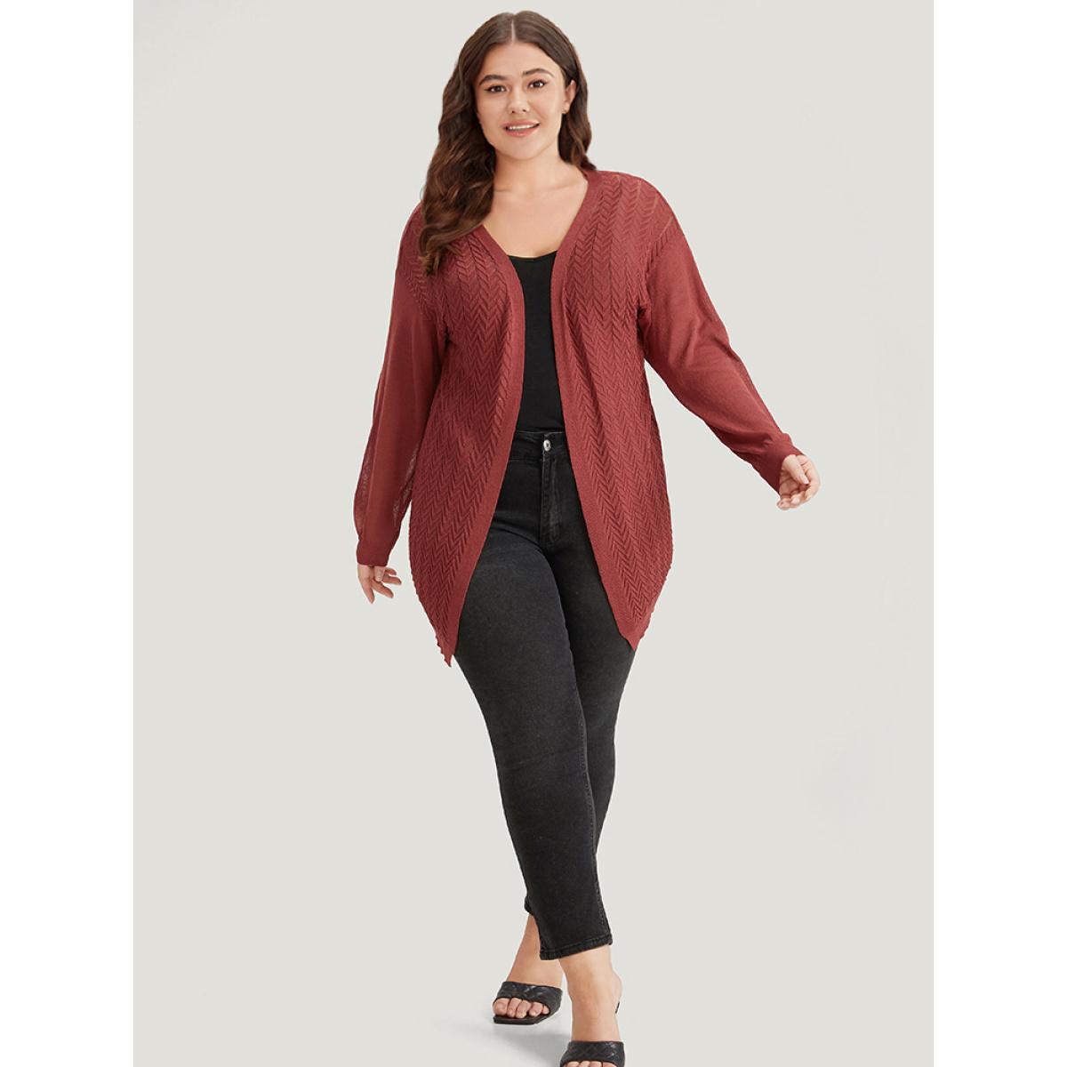 Plus Size Geometric Plisse Patchwork Loose Open Front Cardigan Russet Women Casual Loose Long Sleeve Everyday Cardigans BloomChic 30/6X Product Image