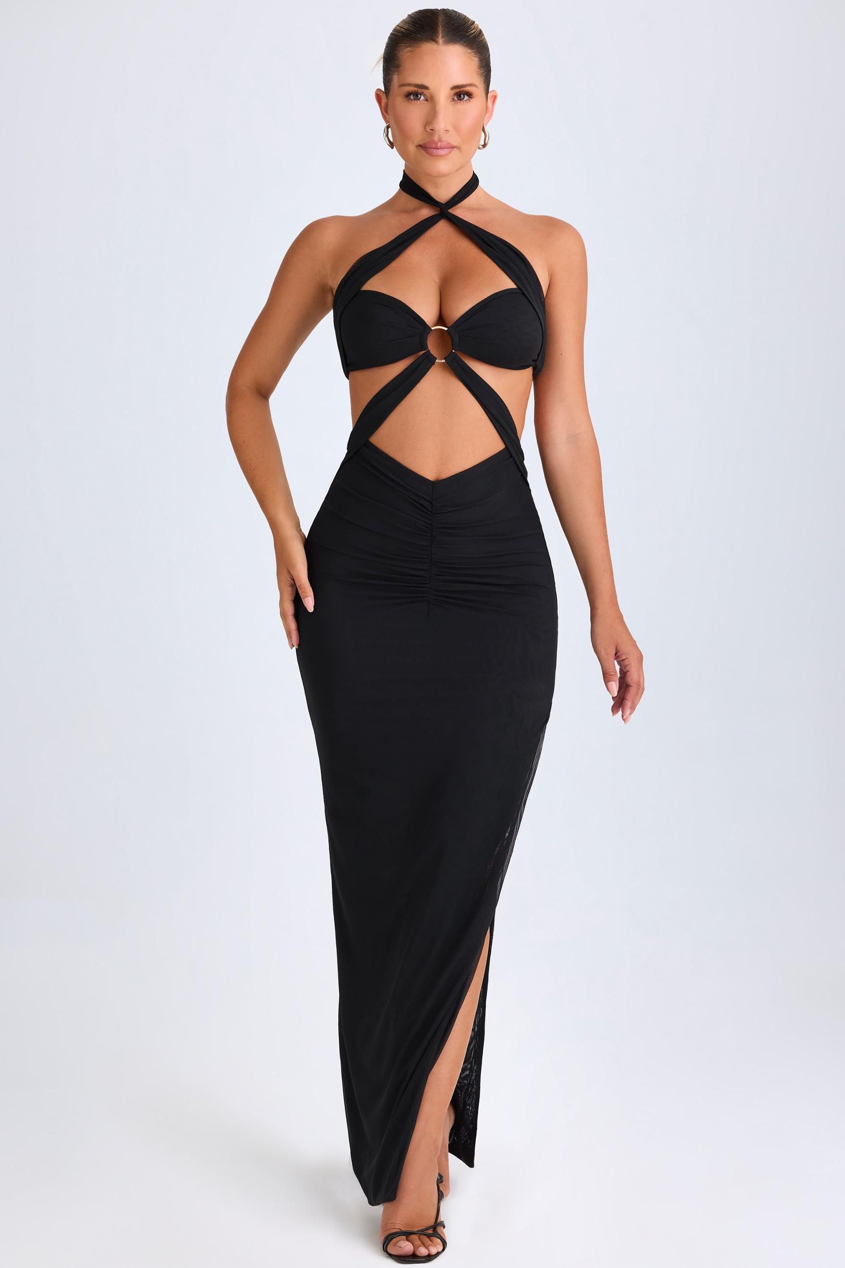 Hardware Detail Cut-Out Halterneck Maxi Dress in Black Product Image