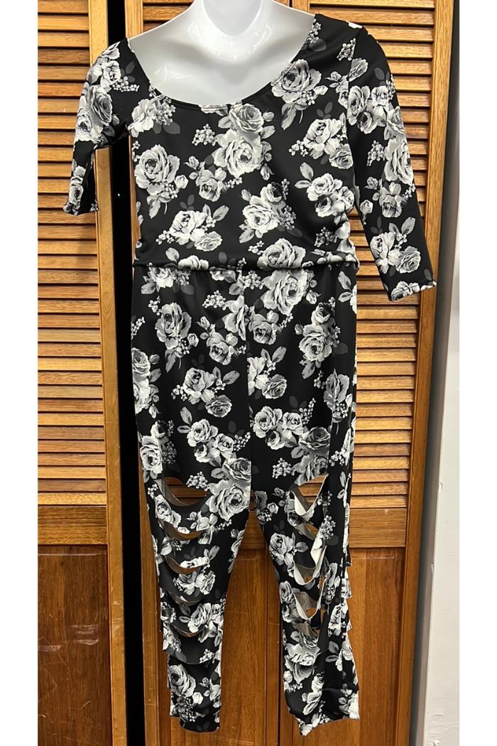 Cold shoulder jumpsuit blk floral slit leg Product Image