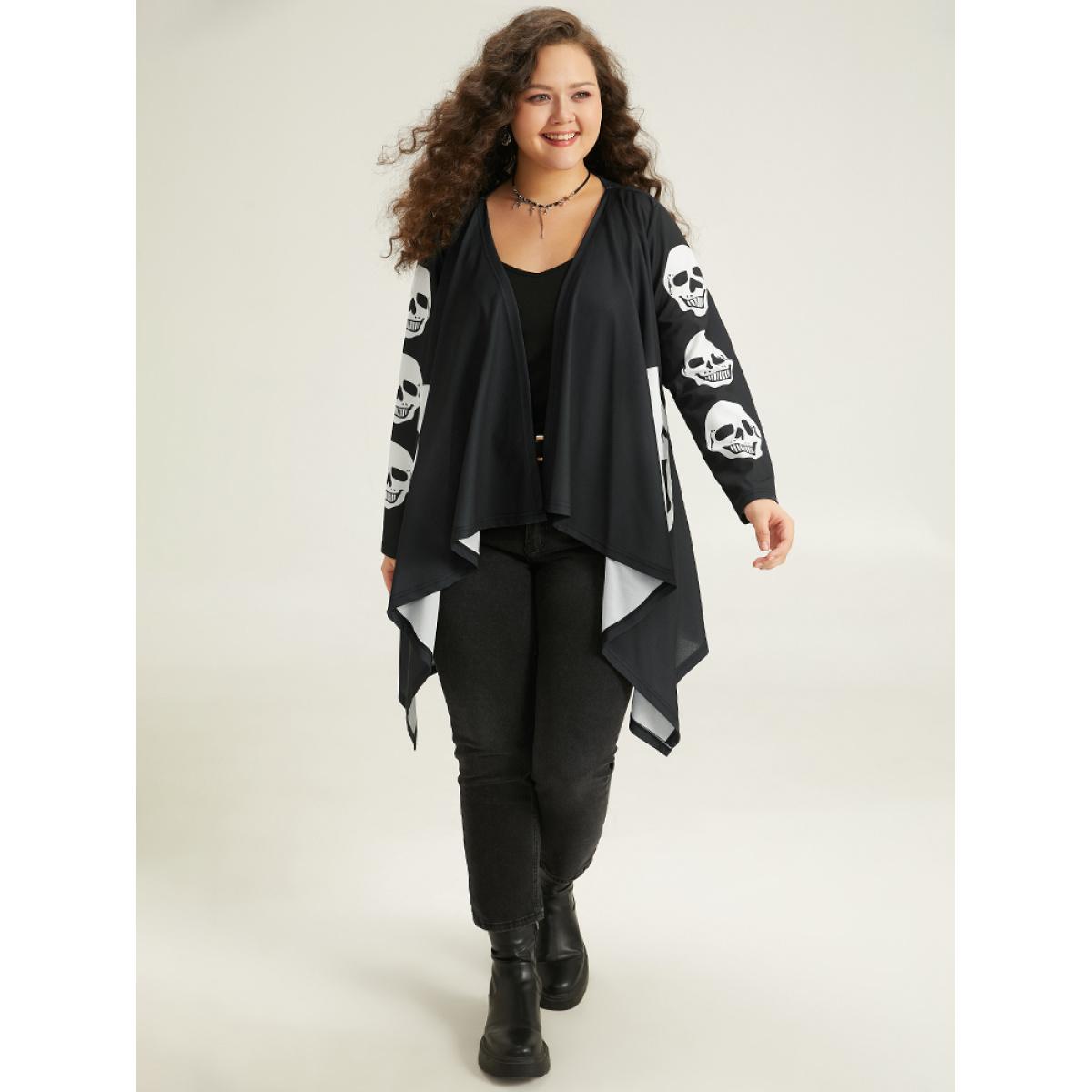 Plus Size Halloween Skull Print Asymmetrical Hem Drape Kimono Women Black Casual Drape Loose Dailywear Kimonos BloomChic 14-16/1X Product Image