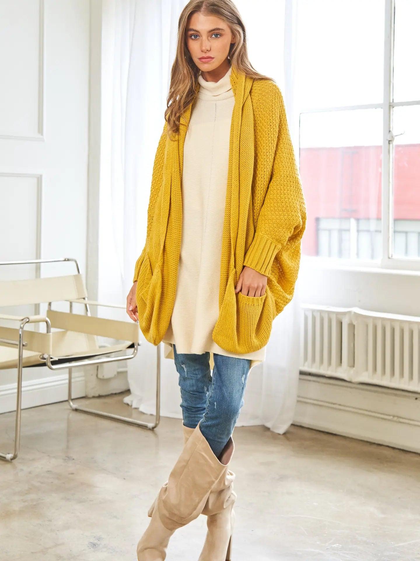 Mustard Knit Dolman Sleeves Cardigan Product Image