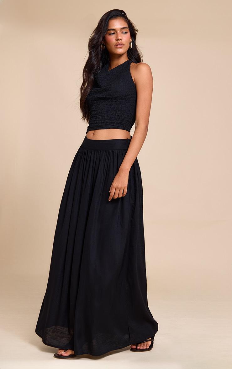 Black Pleated Linen Look Maxi Skirt Product Image