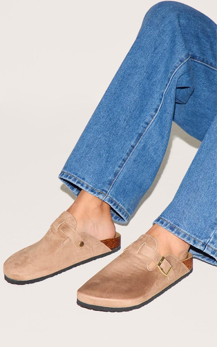 Beige Faux Suede Buckled Mule Cloggs Product Image
