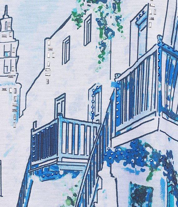 Allison Daley Coastal Retreat Print 3/4 Ruched Sleeve Crew Neck Knit Top Product Image