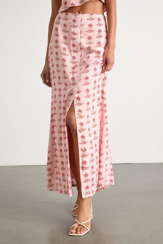 Chel Pink Boho Print Button-Front Maxi Skirt Product Image