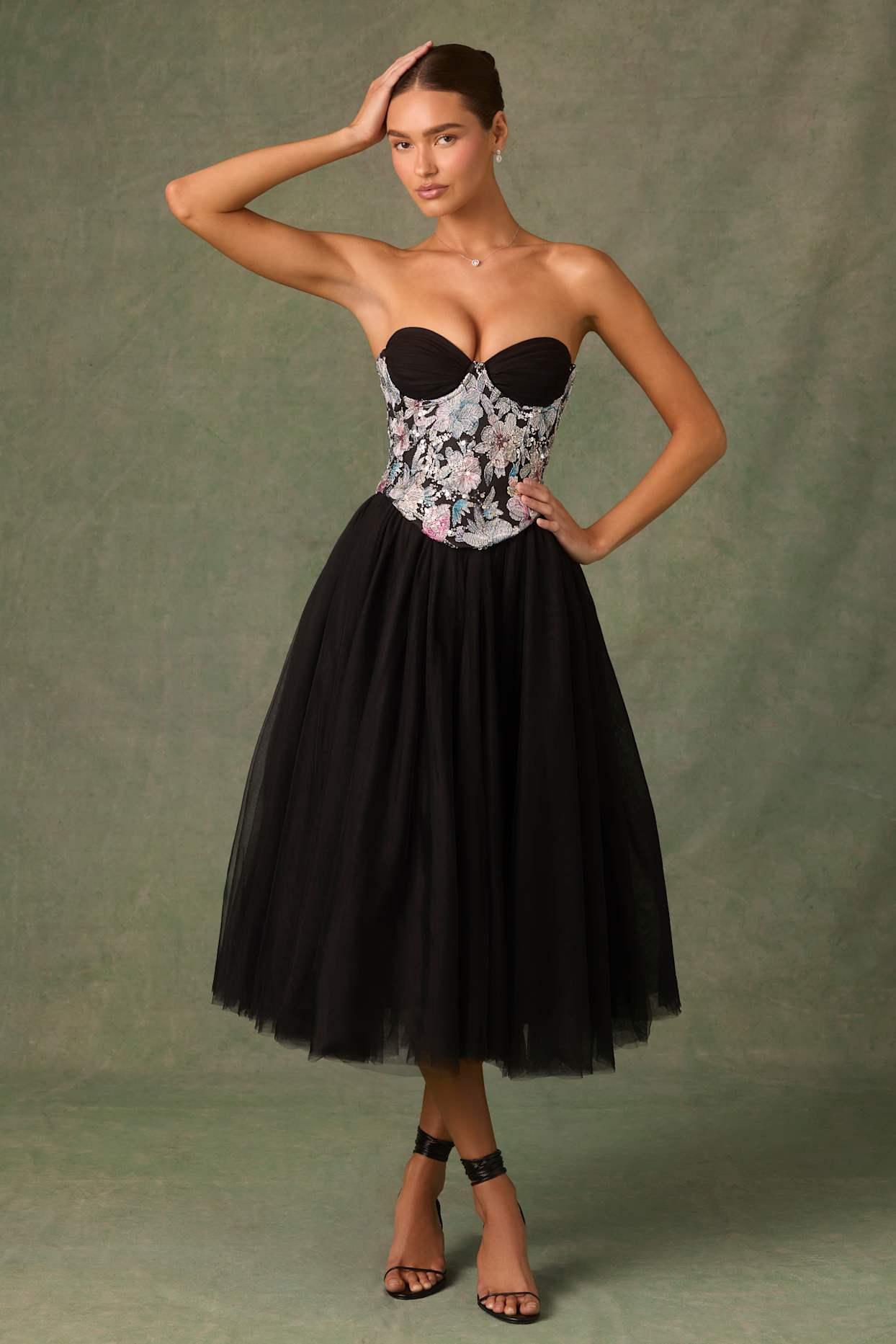 Embellished Lace-Up Cupless Corset in Floral Black Product Image