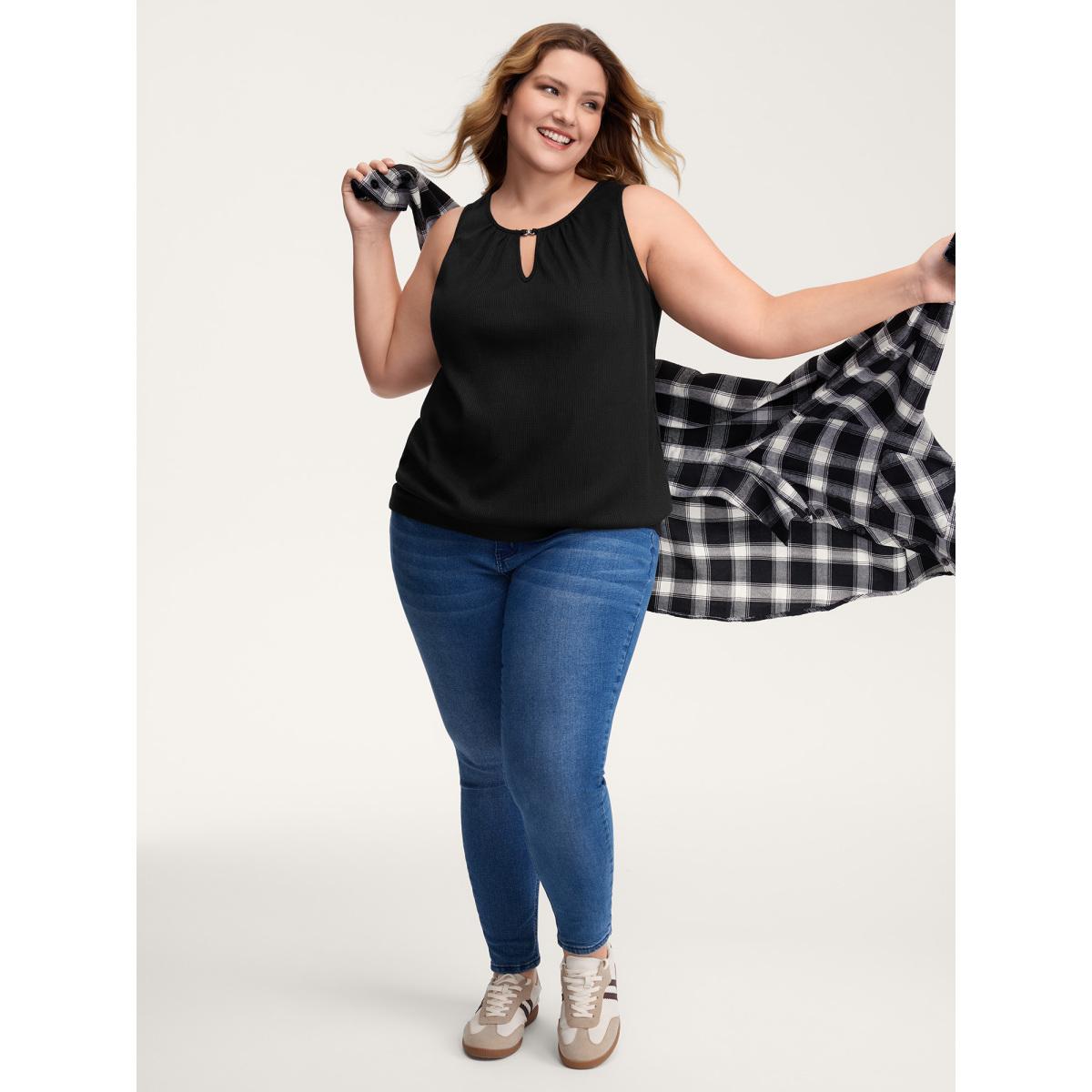 Plus Size Waffle Grid Neck Cut-Out Tank Top Women Black Leisure Texture Round Neck Casual Tank Tops Camis BloomChic 18-20/2X Product Image