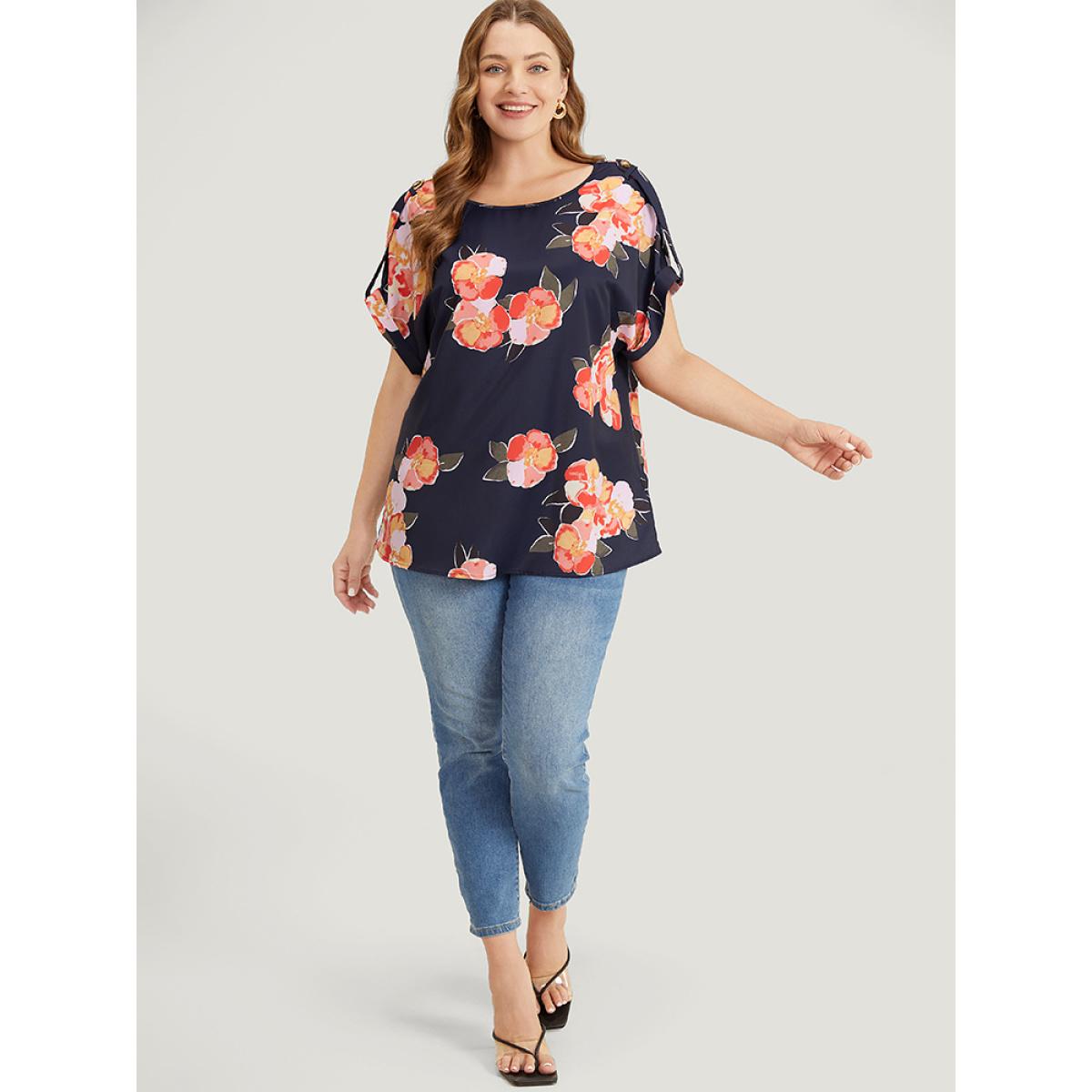 Plus Size Indigo Floral Printed Roll Tab Sleeve Blouse Women Elegant Short sleeve Round Neck Dailywear Blouses BloomChic 12/L Product Image