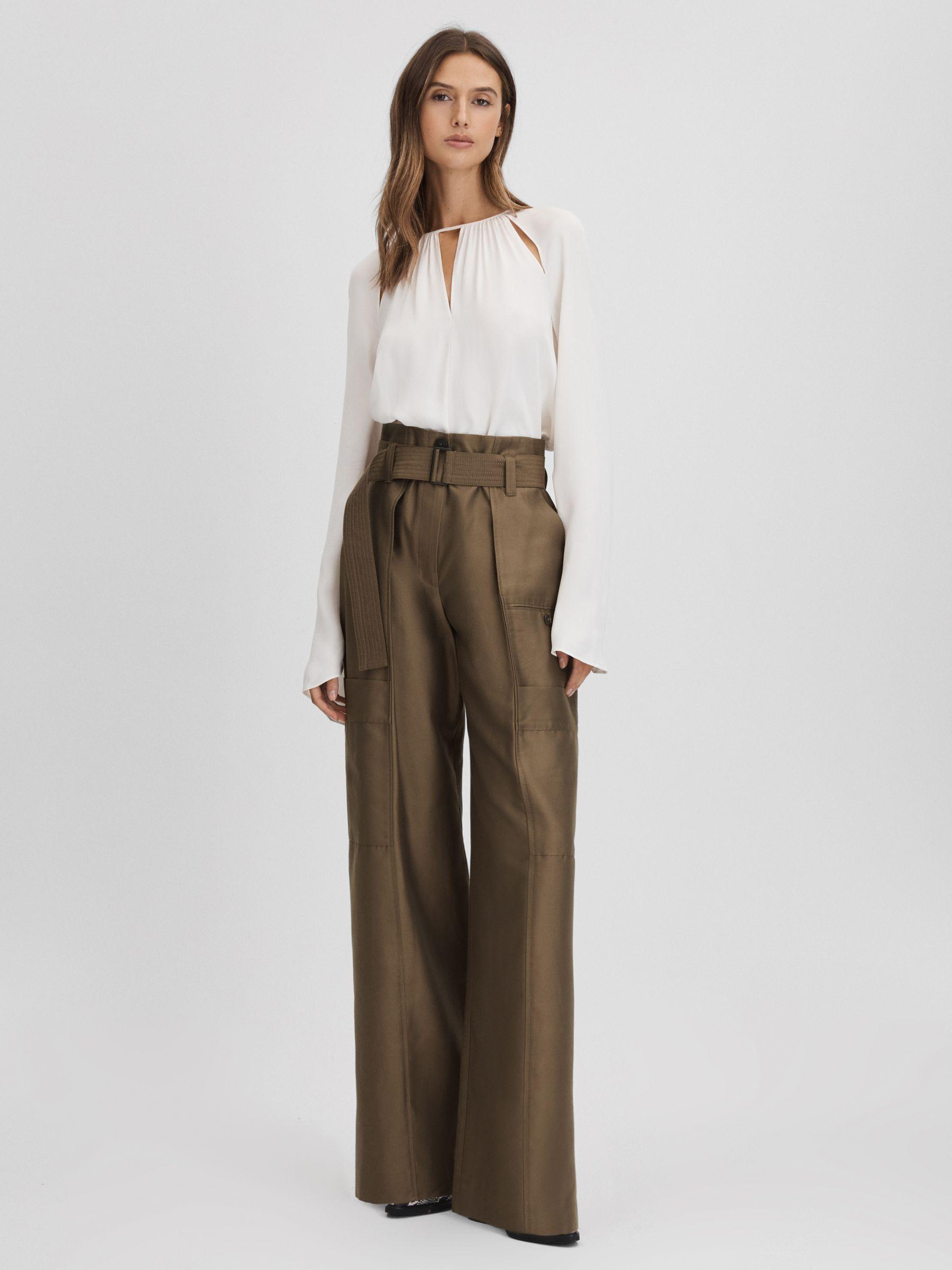 Wide Leg Paper Bag Trousers in Khaki Product Image