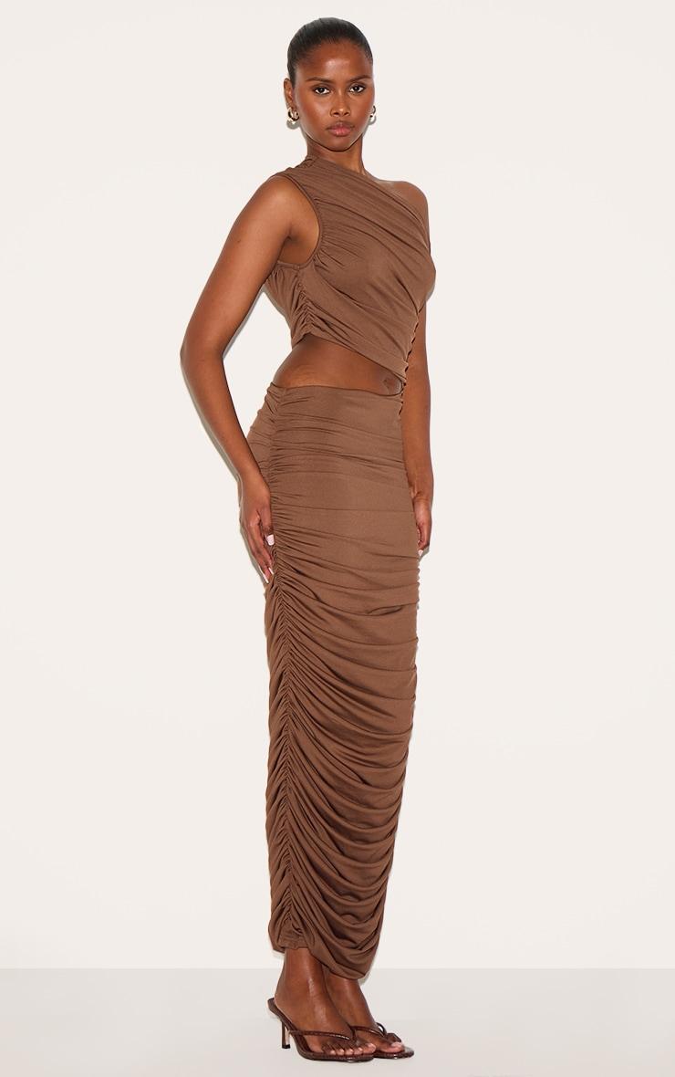 PLT Label Chocolate One Shoulder Ruched Cut Out Maxi Dress Product Image
