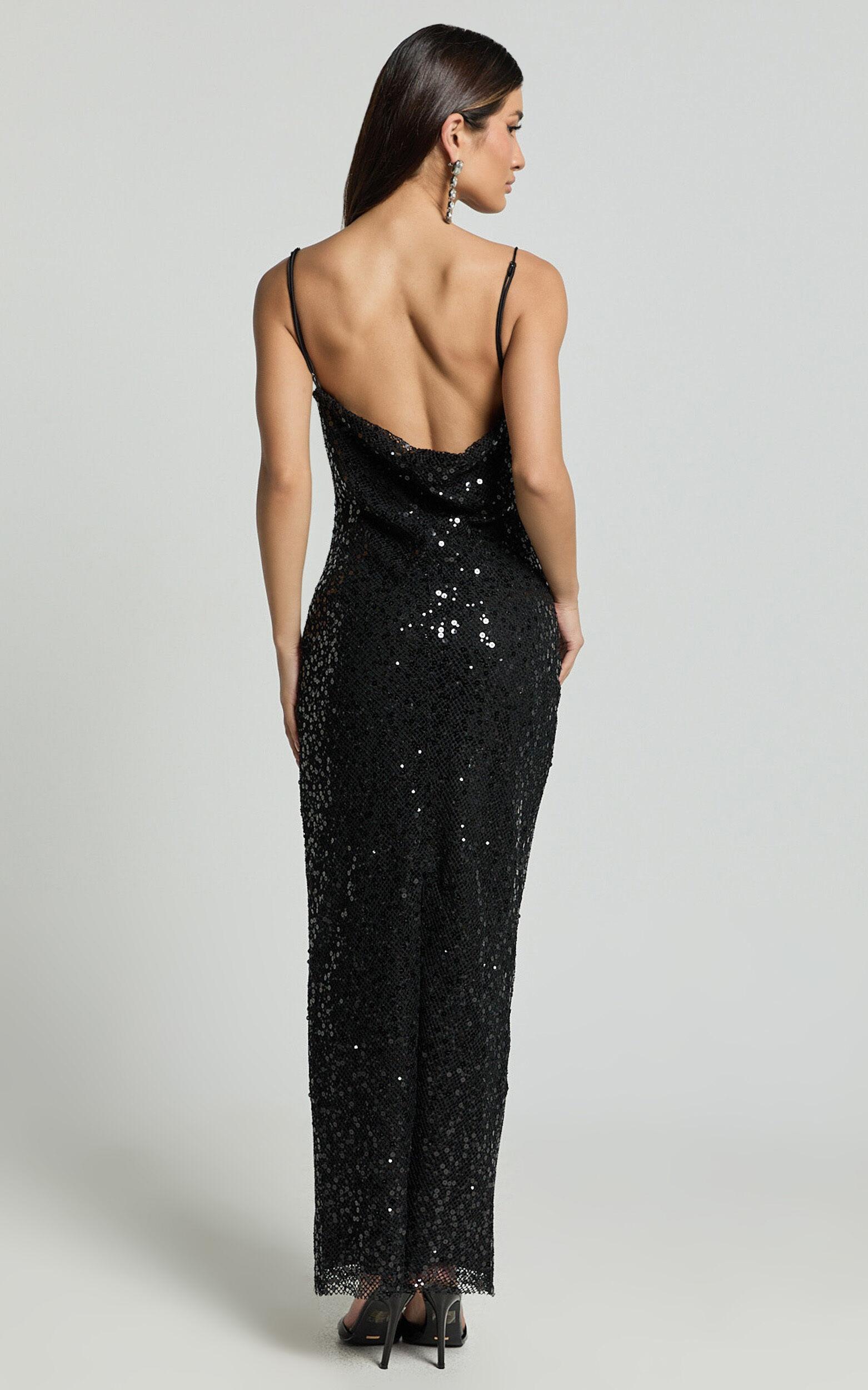 Sally Maxi Dress - Cowl Neck Backless Sequin Mesh Dress in Black Product Image