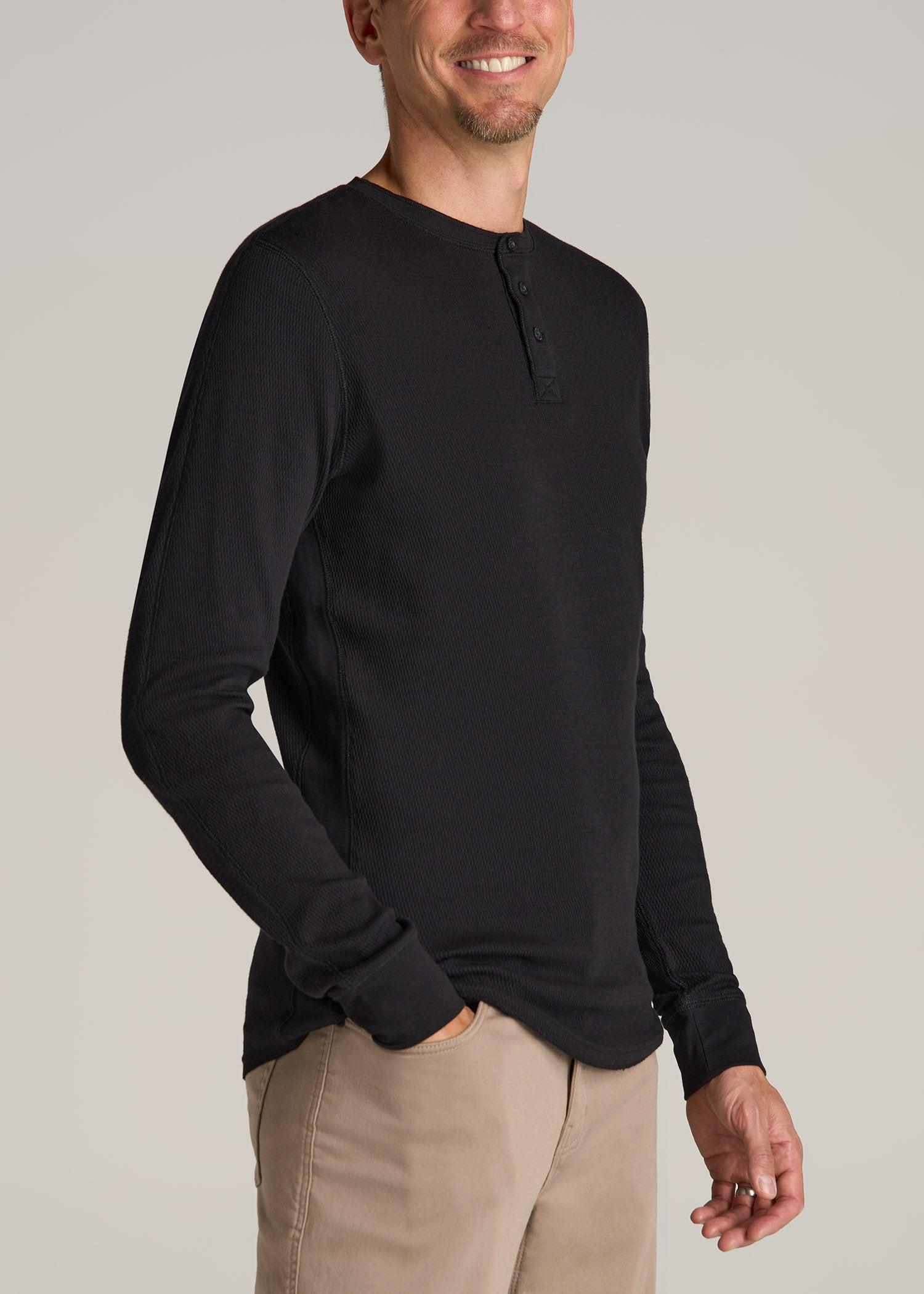 Double Honeycomb Thermal Long-Sleeve Henley Shirt for Tall Men in Black Male Product Image