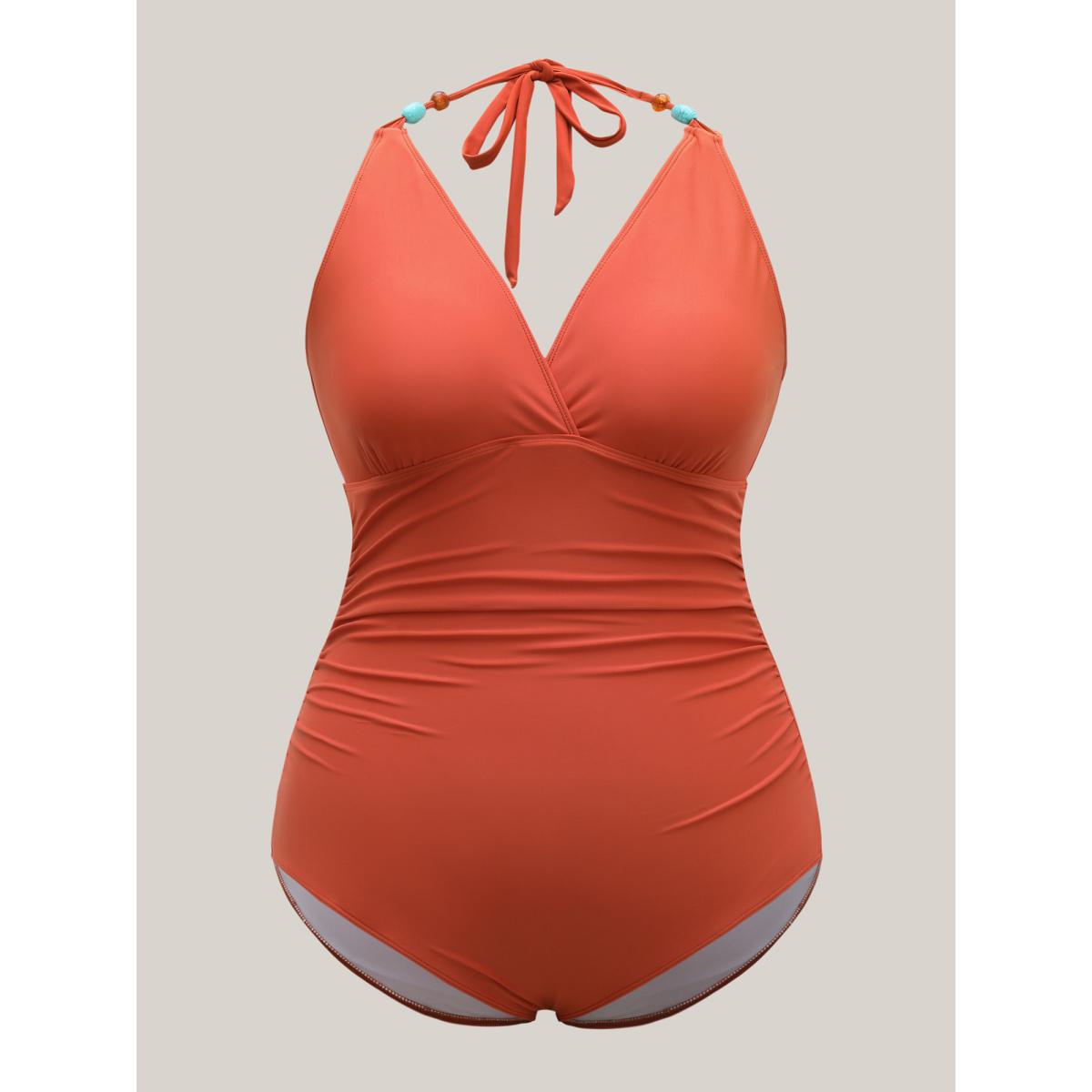 Plus Size Ruched Plunging Neck One-Piece Swimsuit Women's Swimwear Rust Beach Gathered Curve Bathing Suits High stretch One Pieces BloomChic 18-20/2X Product Image