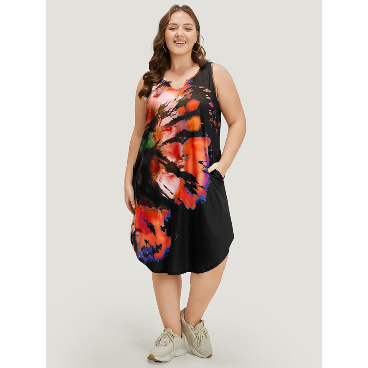Plus Size Tie Dye Notched Pocket Arc Hem Tank Dress Red Women Casual Arc Hem Notched collar Sleeveless Curvy Midi Dress BloomChic 22-24/3X Product Image