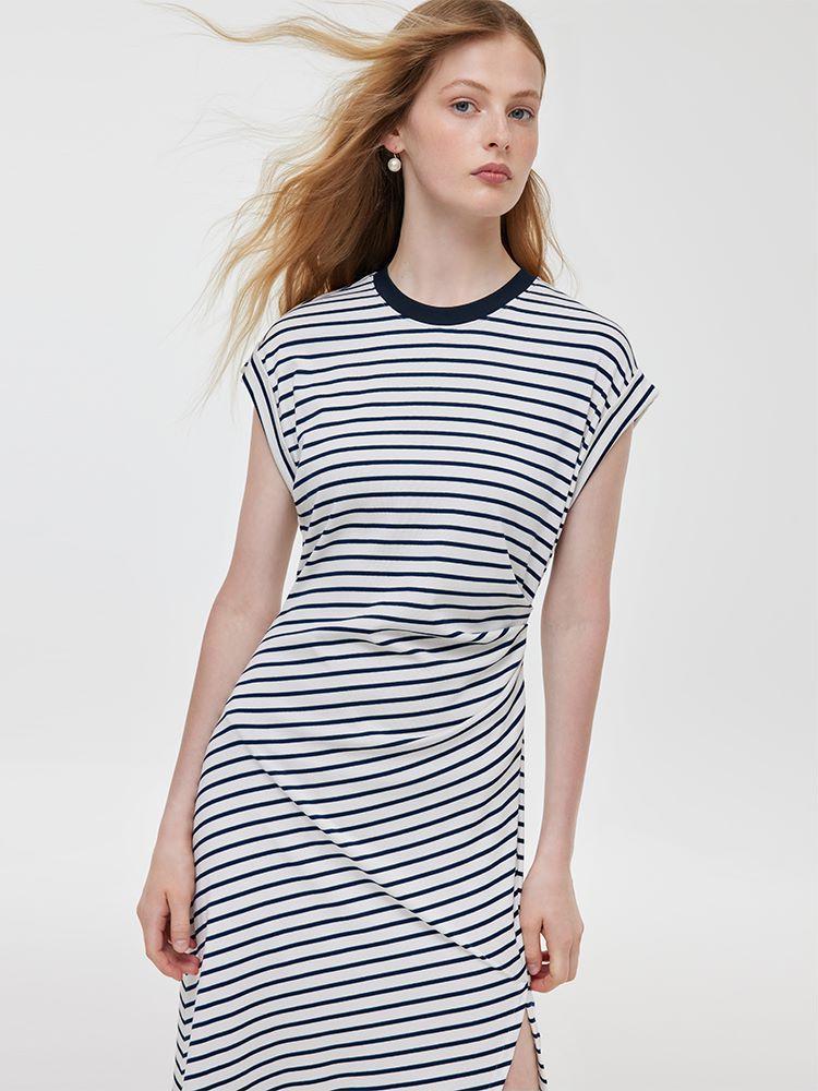 Striped Slit Ruched Women Midi Dress Product Image