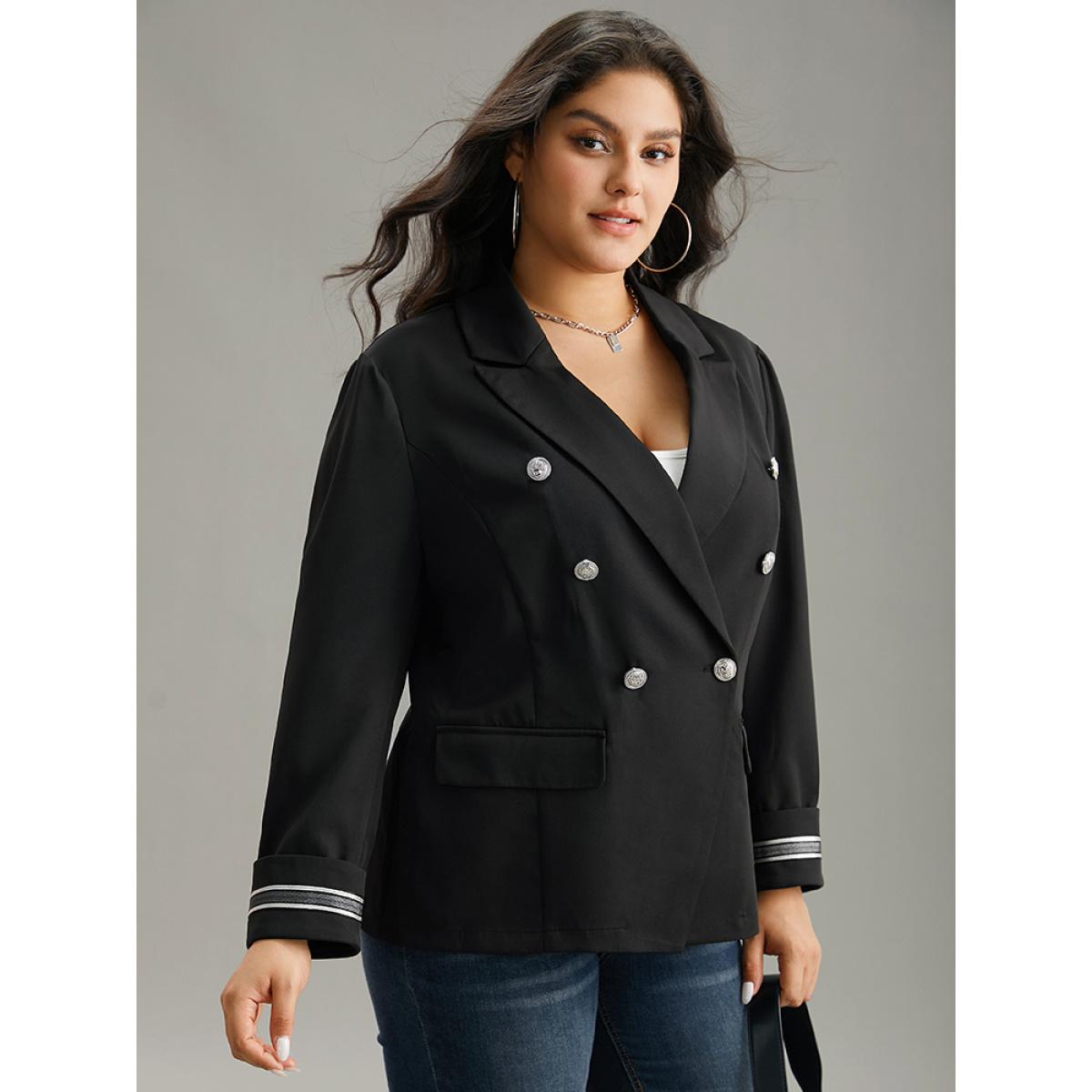 Plus Size Suit Collar Metal Detail Patchwork Blazer Black Women Office Plain Patchwork Sleeve Long Sleeve Suit Collar 26/4X Office Blazers BloomChic Product Image
