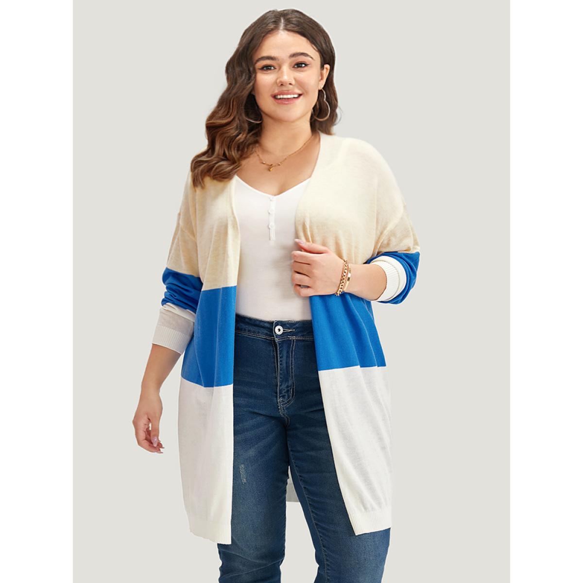 Plus Size Supersoft Essentials Contrast Open Front Lightweight Cardigan Blue Women Casual Long Sleeve Dailywear Cardigans BloomChic 30/6X Product Image
