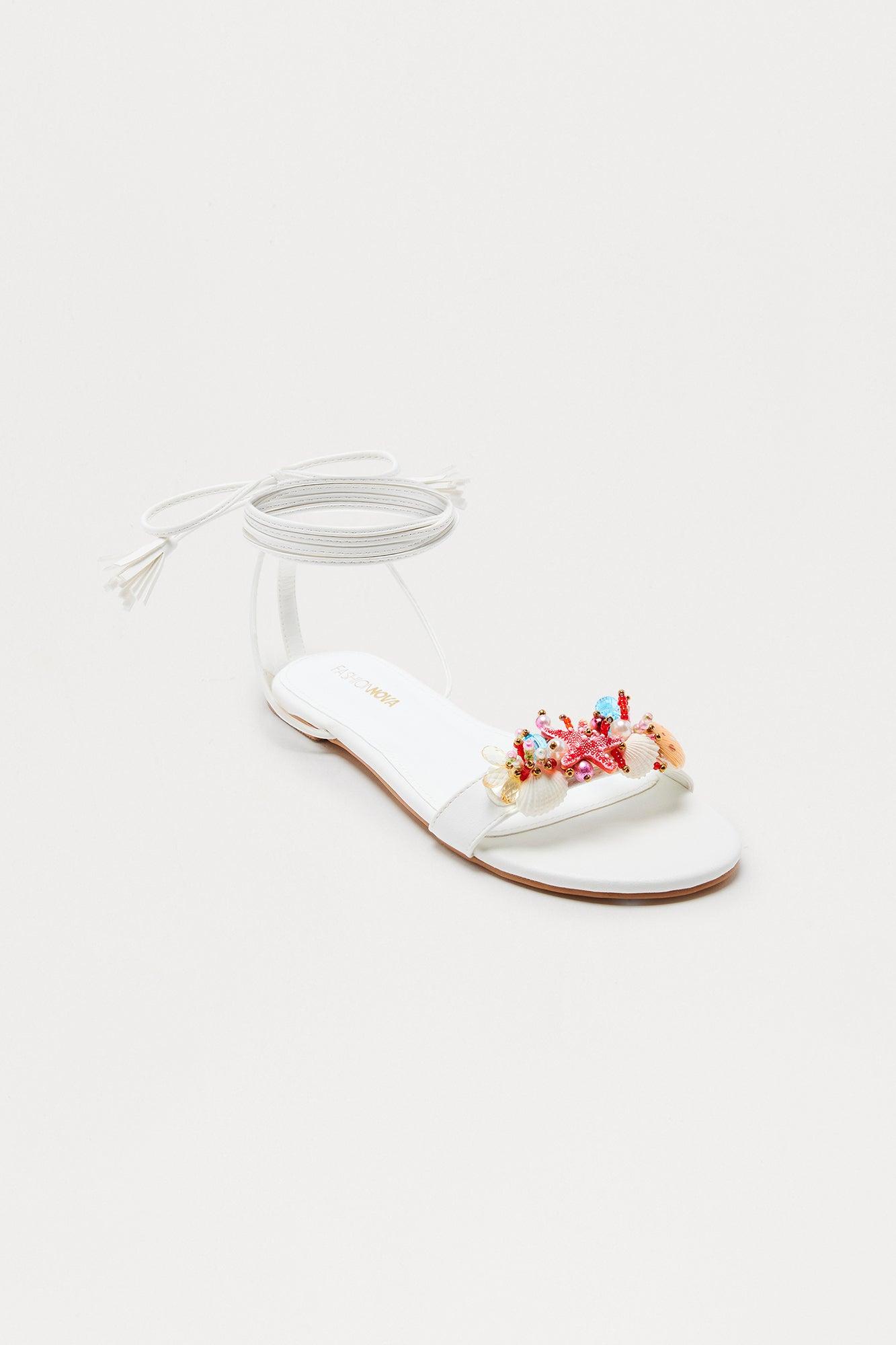 Sea Beaded Wrap Up Sandals - White Female Product Image