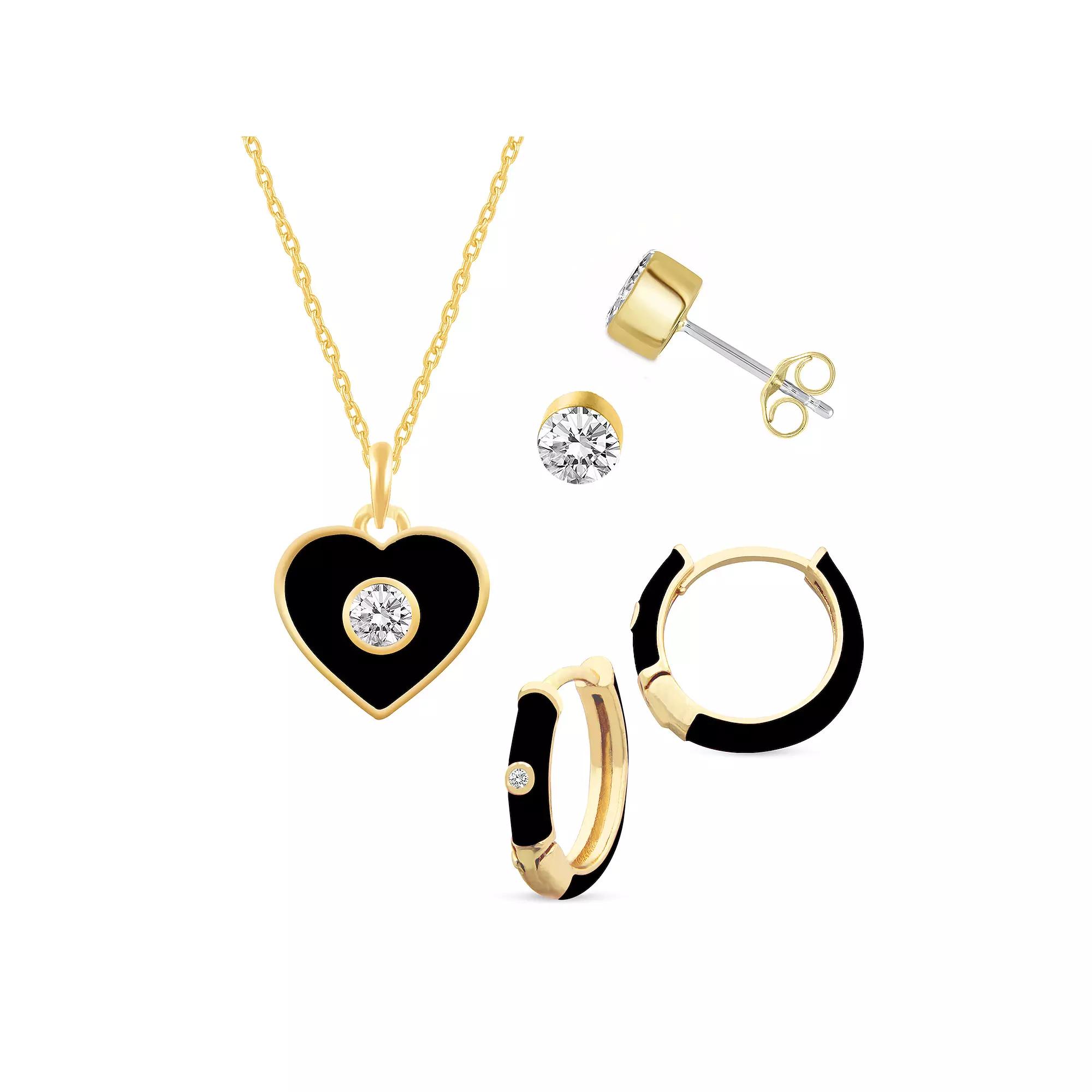 Royal Aura Heart Gold Tone Crystal & Black Enamel Heart Necklace, Huggie Earrings, & Stud Earrings Set, Women's, Size: 17", Gold Tone Black Product Image