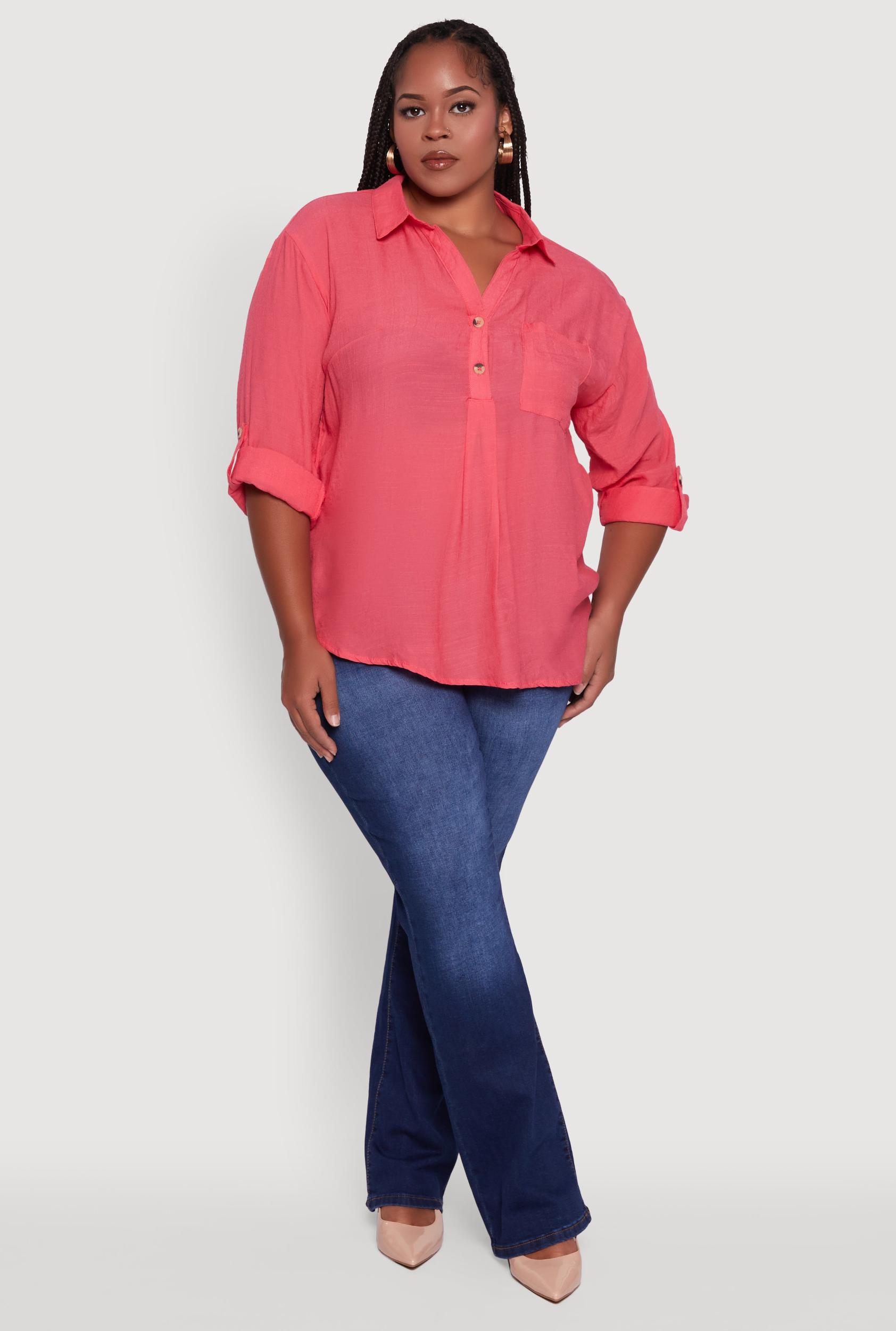 Womens Plus Sized Tabbed Sleeve Collared Henley Top Product Image