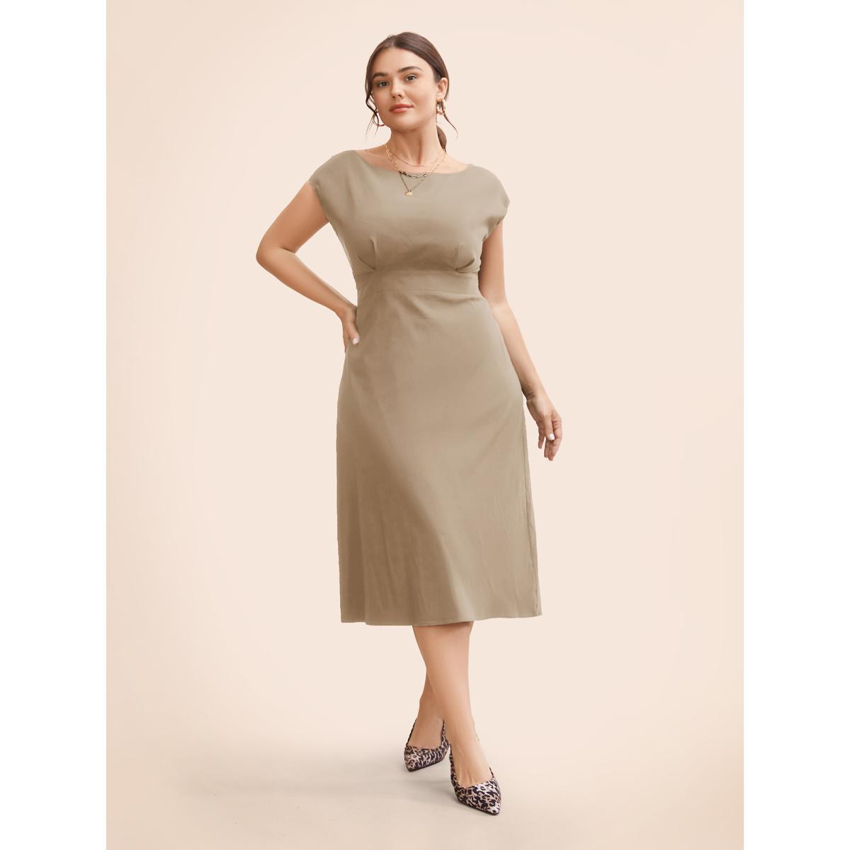 Plus Size Stretch Woven Cowl Neckline Midi Dress LightBrown Women Workwear Essentials Pleated Boat Neck Cap Sleeve Curvy BloomChic 18-20/2X Product Image